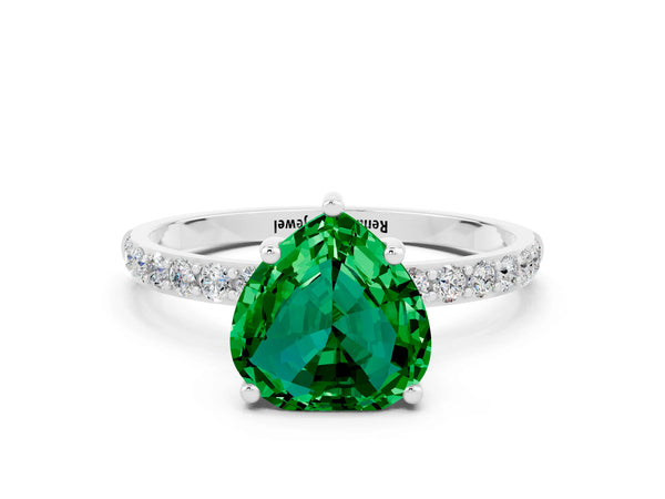 Platinum Heart Cut Emerald Solitaire Ring with Round  Pavé Band and Prong Setting