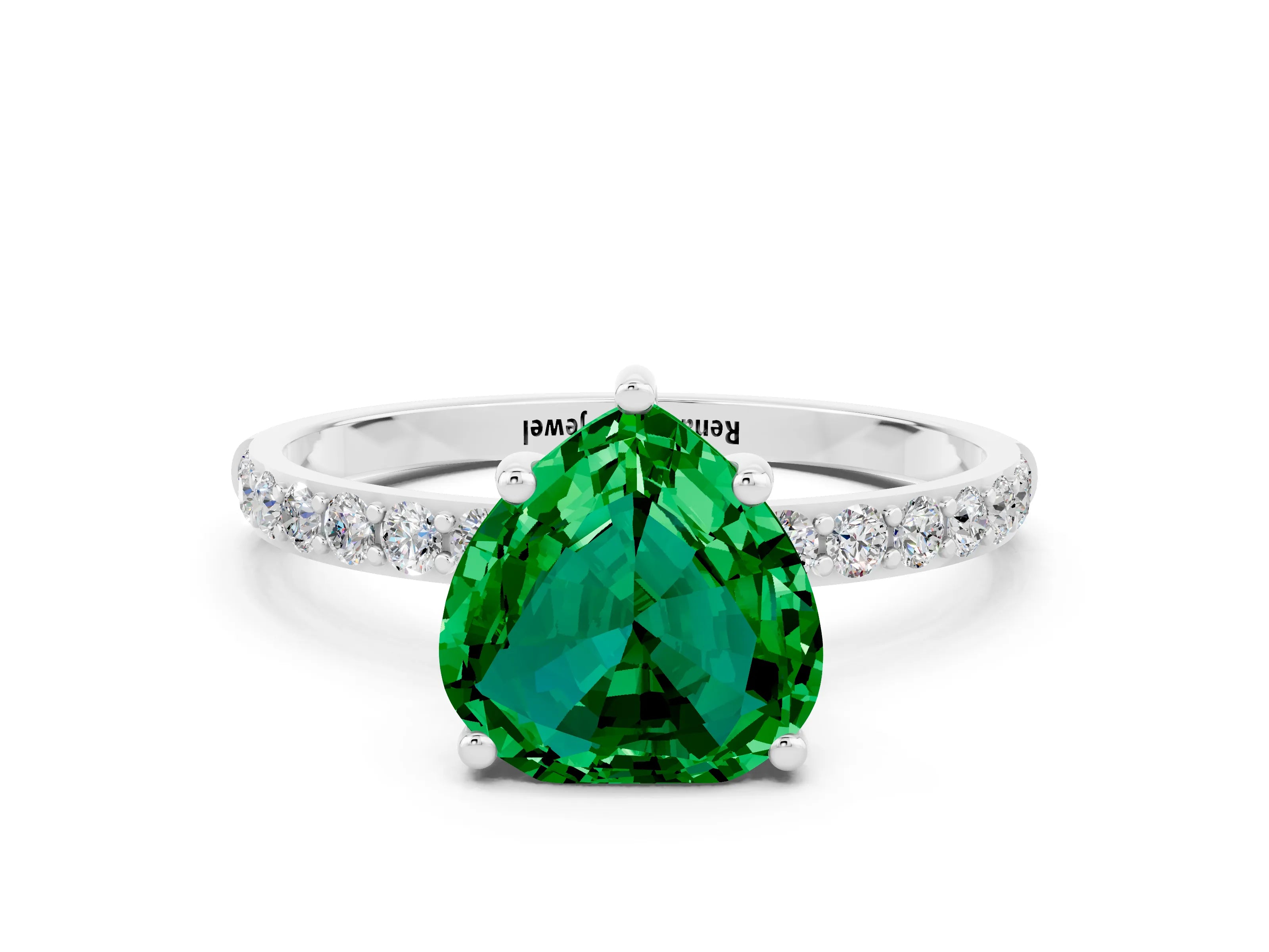 White gold Heart Cut Emerald Solitaire Ring with Pave Band and Four Prong Setting_24