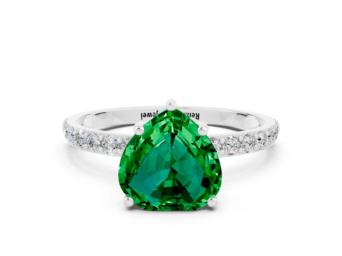 White gold Heart Cut Emerald Solitaire Ring with Pave Band and Four Prong Setting_24
