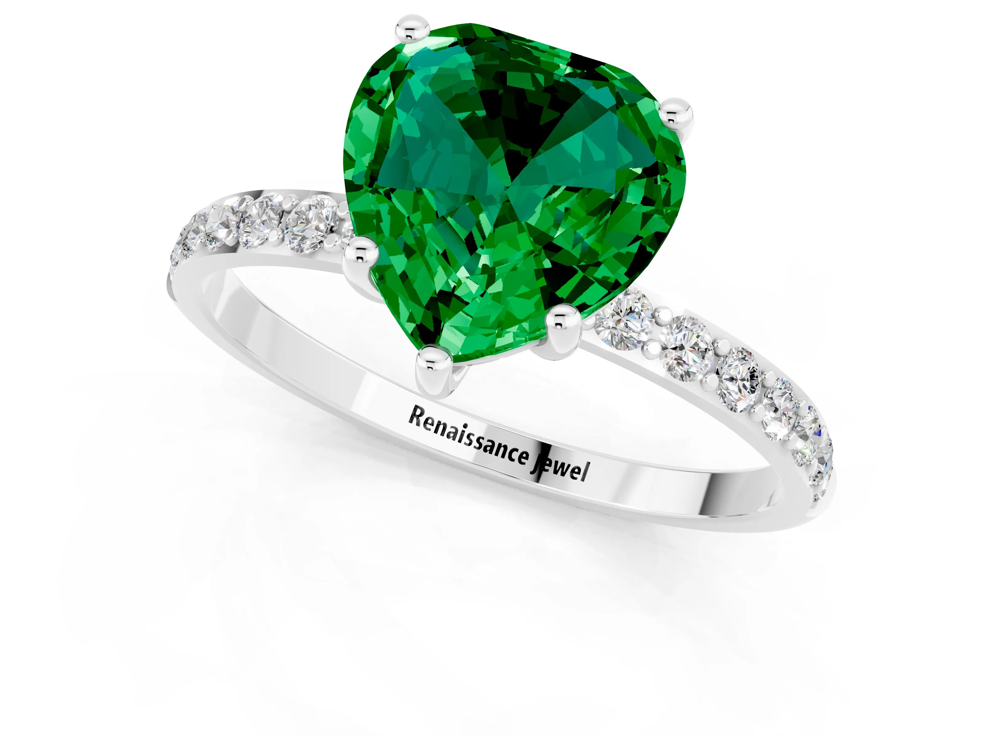 White gold Heart Cut Emerald Solitaire Ring with Pave Band and Four Prong Setting_25