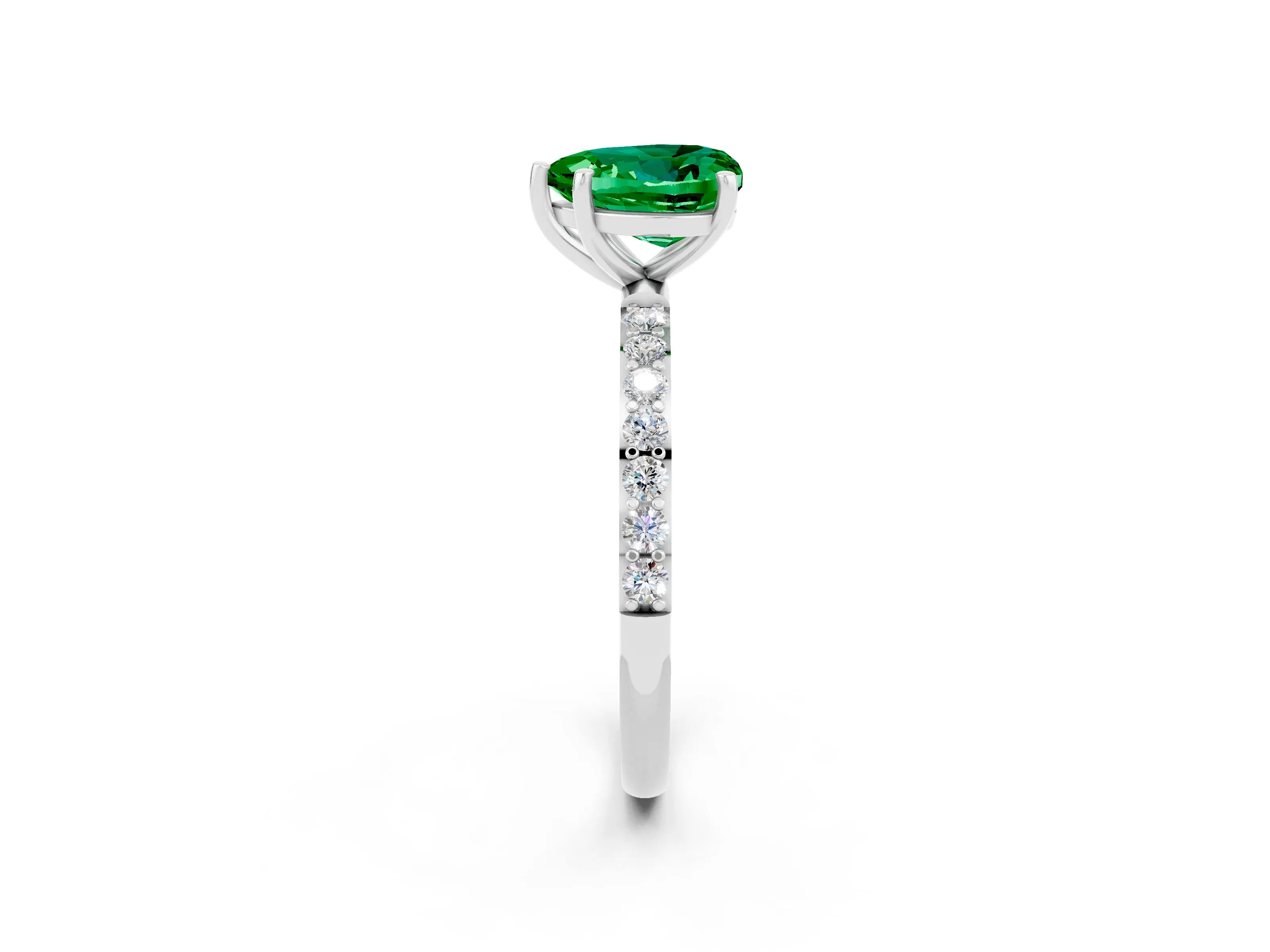 White gold Heart Cut Emerald Solitaire Ring with Pave Band and Four Prong Setting_26