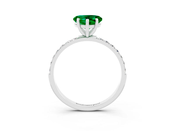 Silver Heart Cut Emerald Solitaire Ring with Round  Pavé Band and Prong Setting