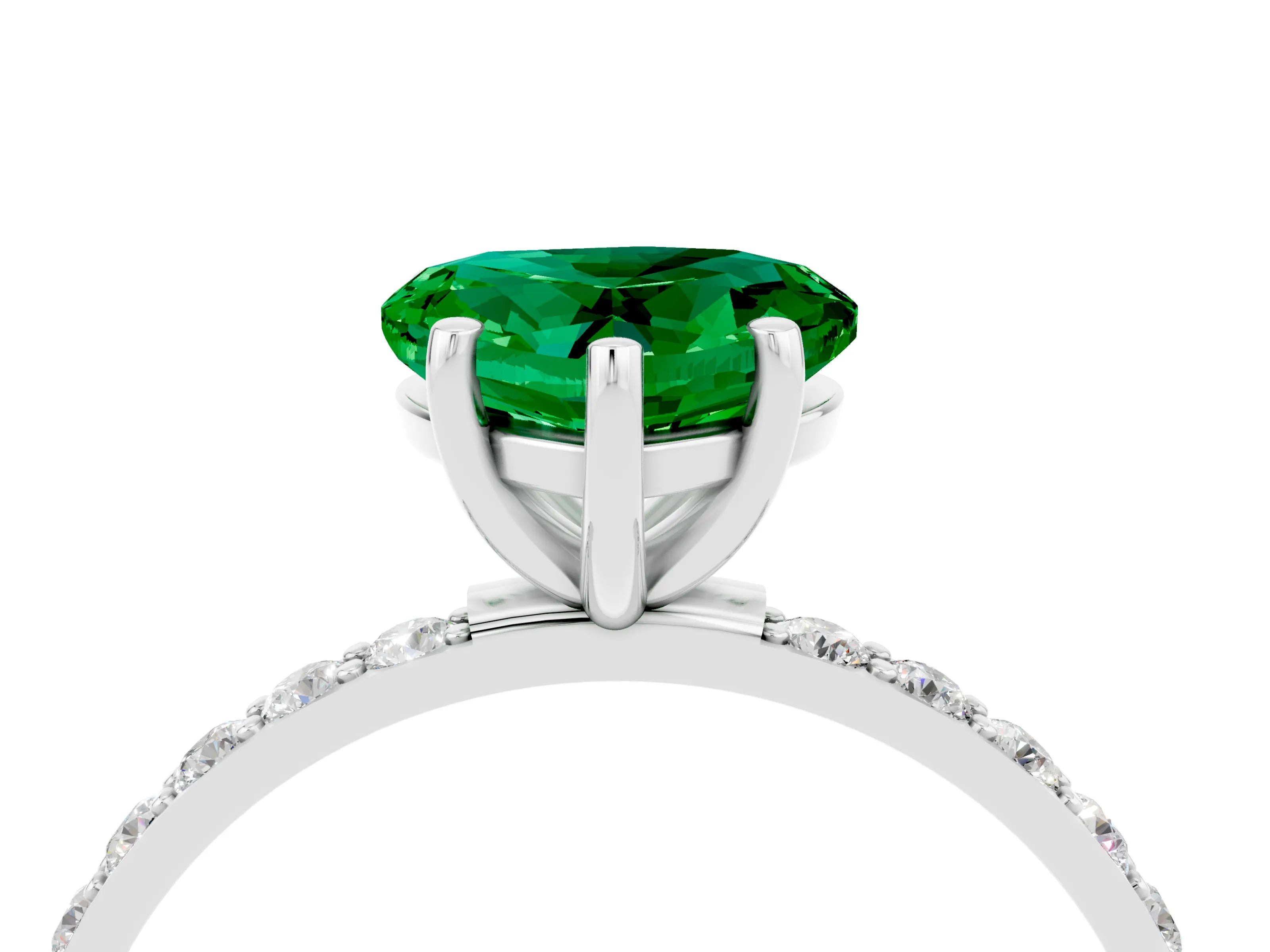 White gold Heart Cut Emerald Solitaire Ring with Pave Band and Four Prong Setting_28