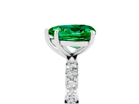 White gold Heart Cut Emerald Solitaire Ring with Pave Band and Four Prong Setting_29