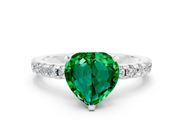 White gold Heart Cut Emerald Solitaire Ring with Round  Pavé Band and Four-Prong Setting