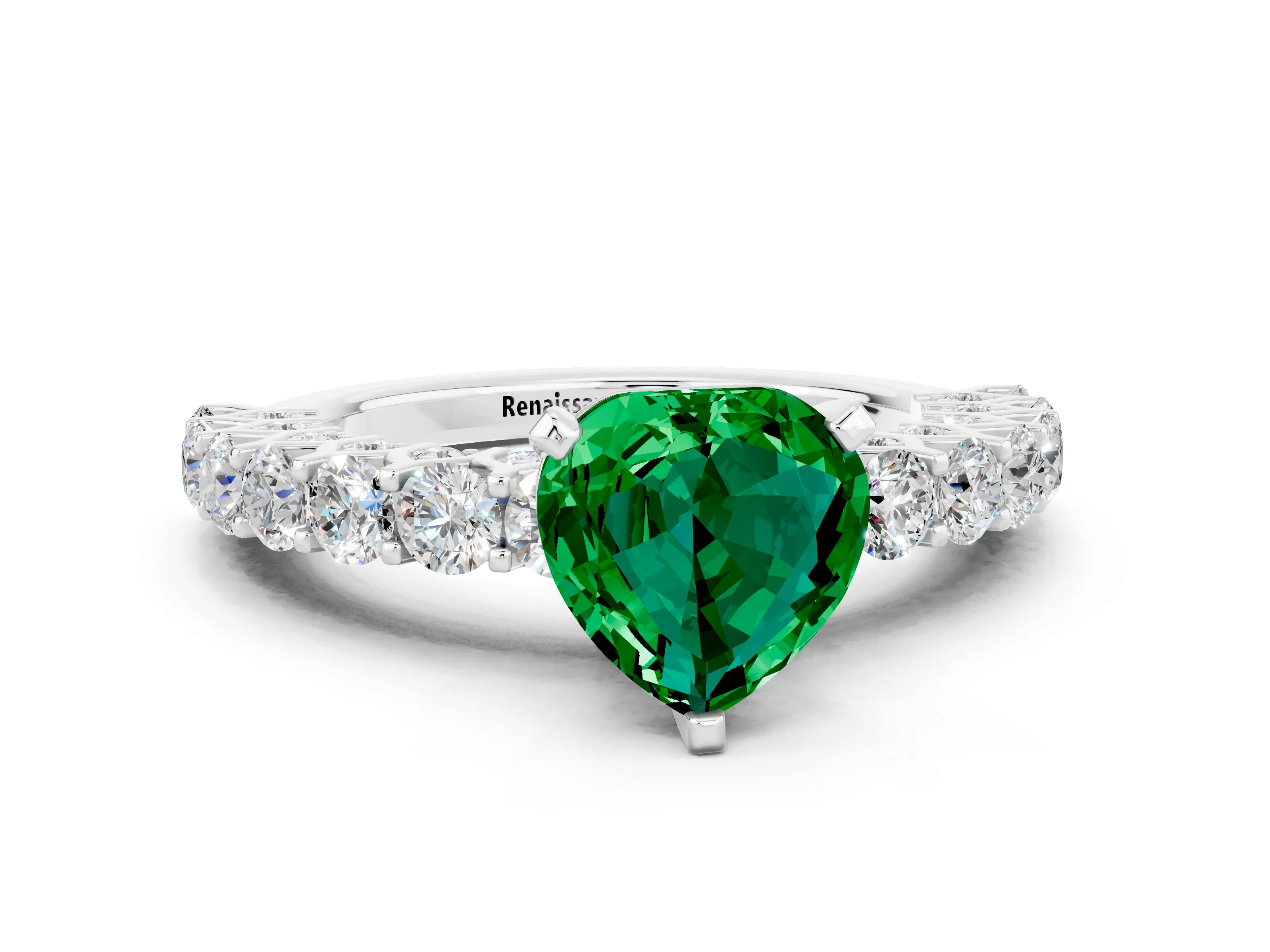 White gold Heart Cut Emerald Solitaire Ring with Shared Prong Pavé Band and Four-Prong Setting