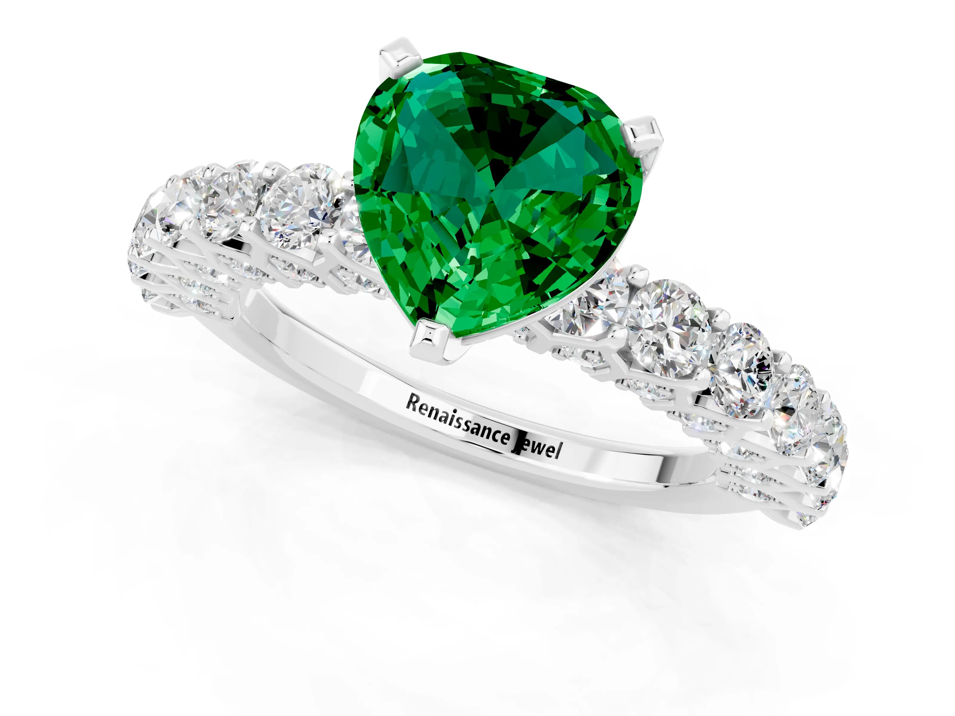 White gold Heart Cut Emerald Solitaire Ring with Shared Prong Pavé Band and Four-Prong Setting_1
