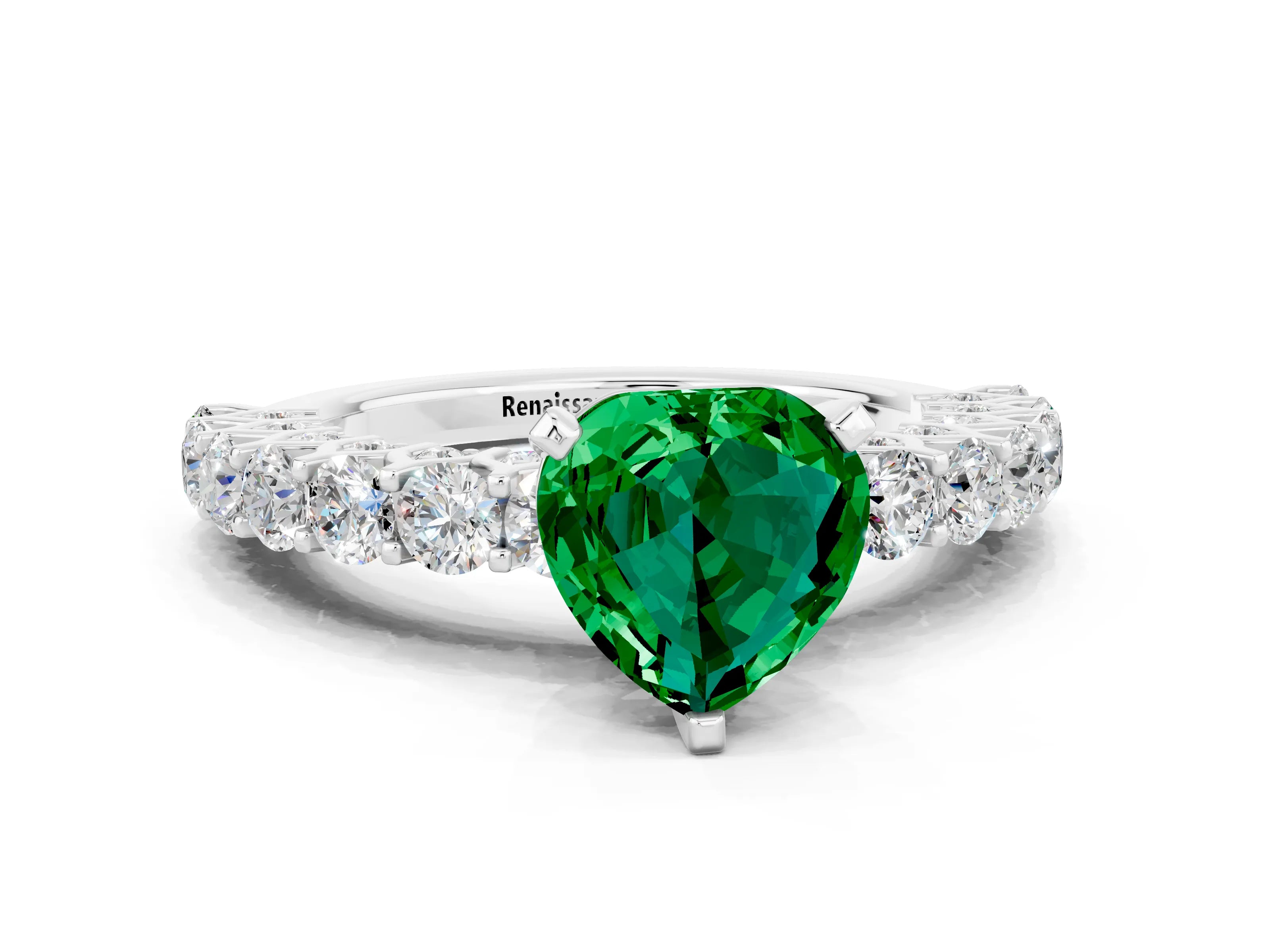 White gold Heart Cut Emerald Solitaire Ring with Shared Prong Pavé Band and Four-Prong Setting_12