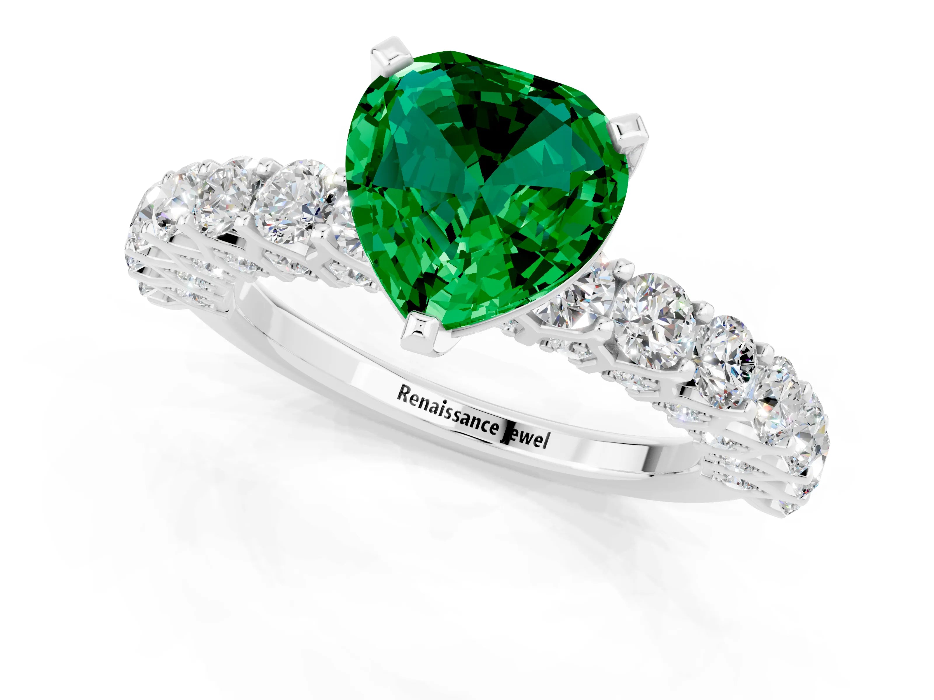 White gold Heart Cut Emerald Solitaire Ring with Shared Prong Pavé Band and Four-Prong Setting_13