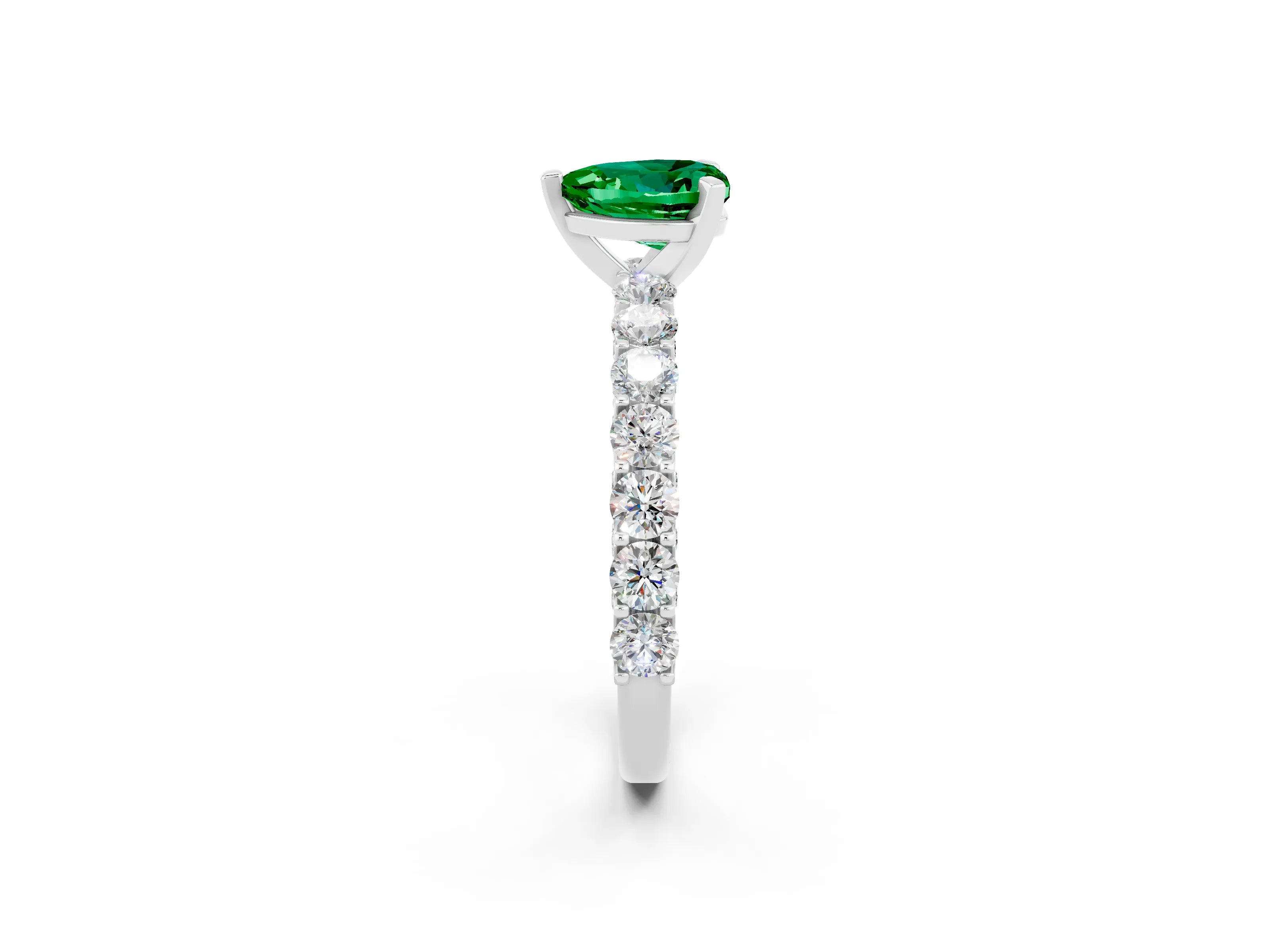 White gold Heart Cut Emerald Solitaire Ring with Shared Prong Pavé Band and Four-Prong Setting_14