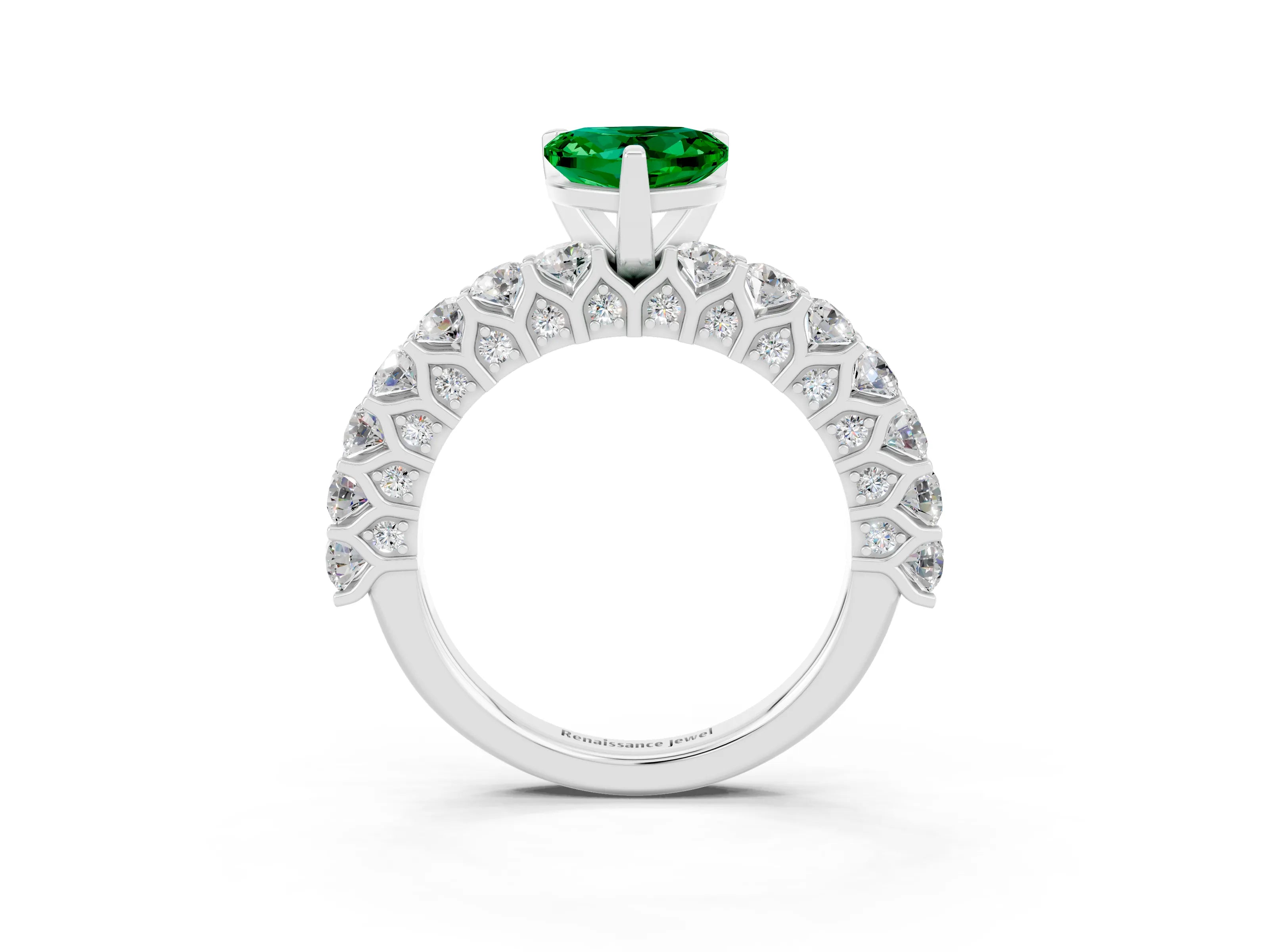 White gold Heart Cut Emerald Solitaire Ring with Shared Prong Pavé Band and Four-Prong Setting_15