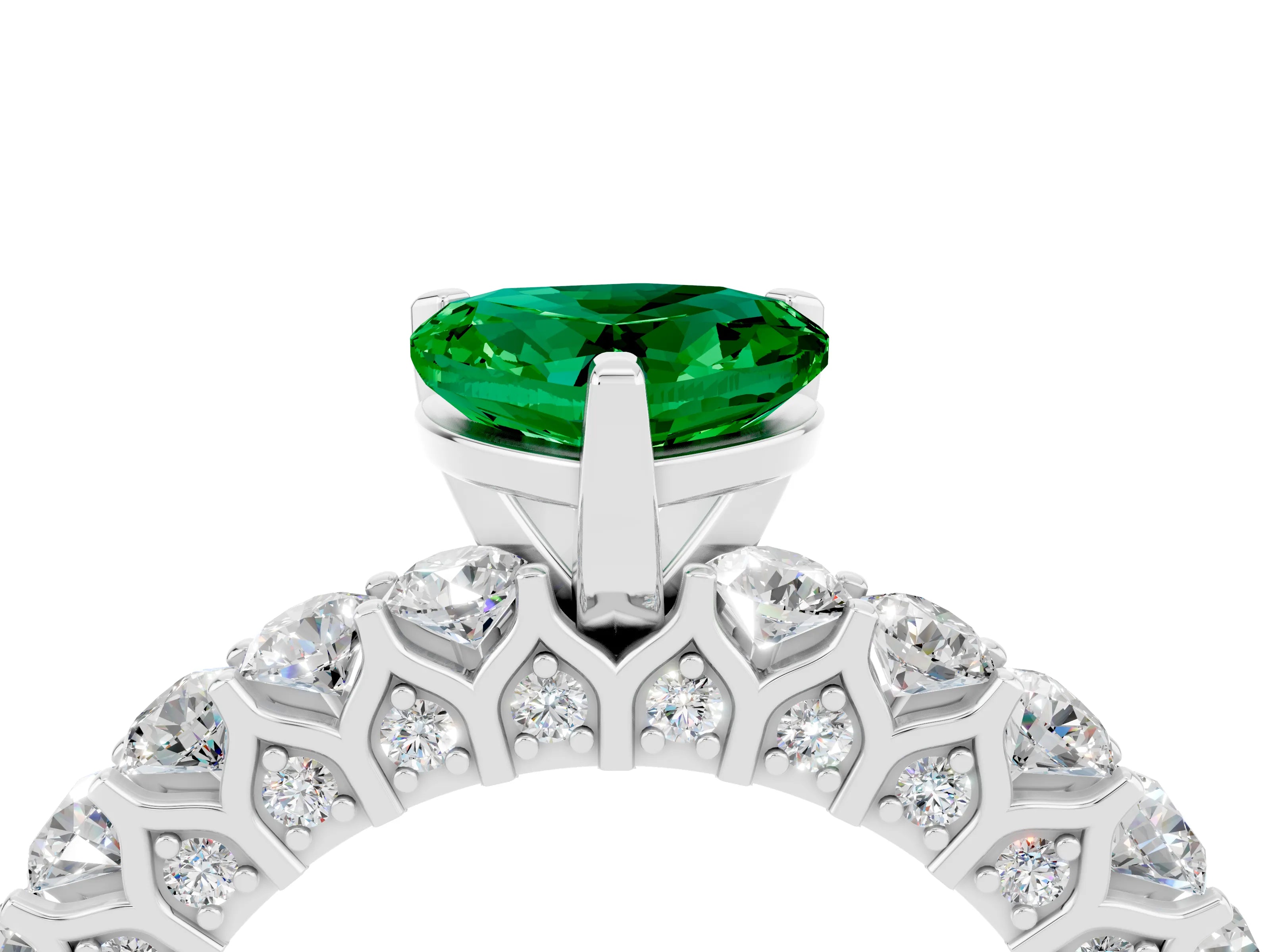 White gold Heart Cut Emerald Solitaire Ring with Shared Prong Pavé Band and Four-Prong Setting_16