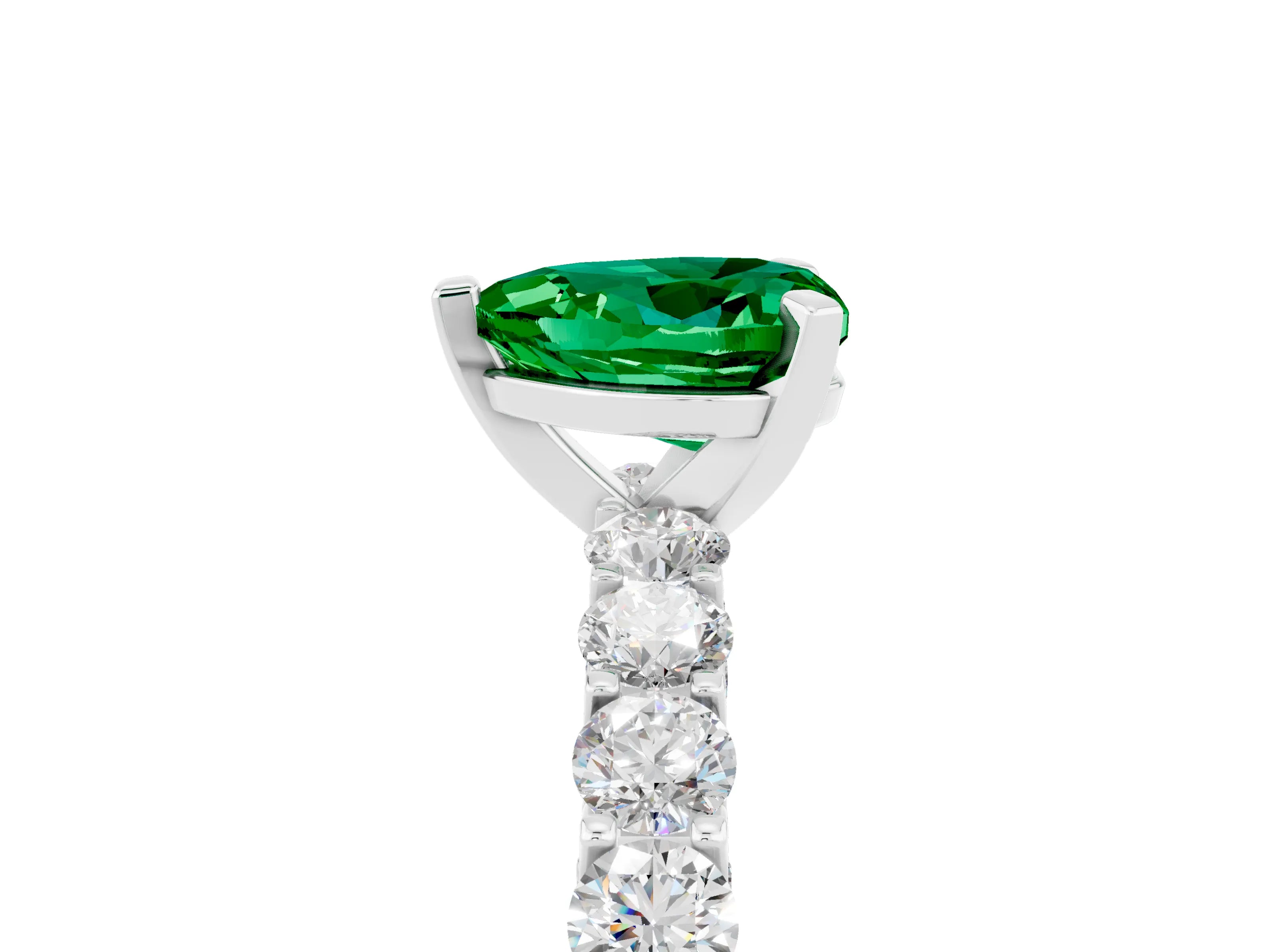 White gold Heart Cut Emerald Solitaire Ring with Shared Prong Pavé Band and Four-Prong Setting_17