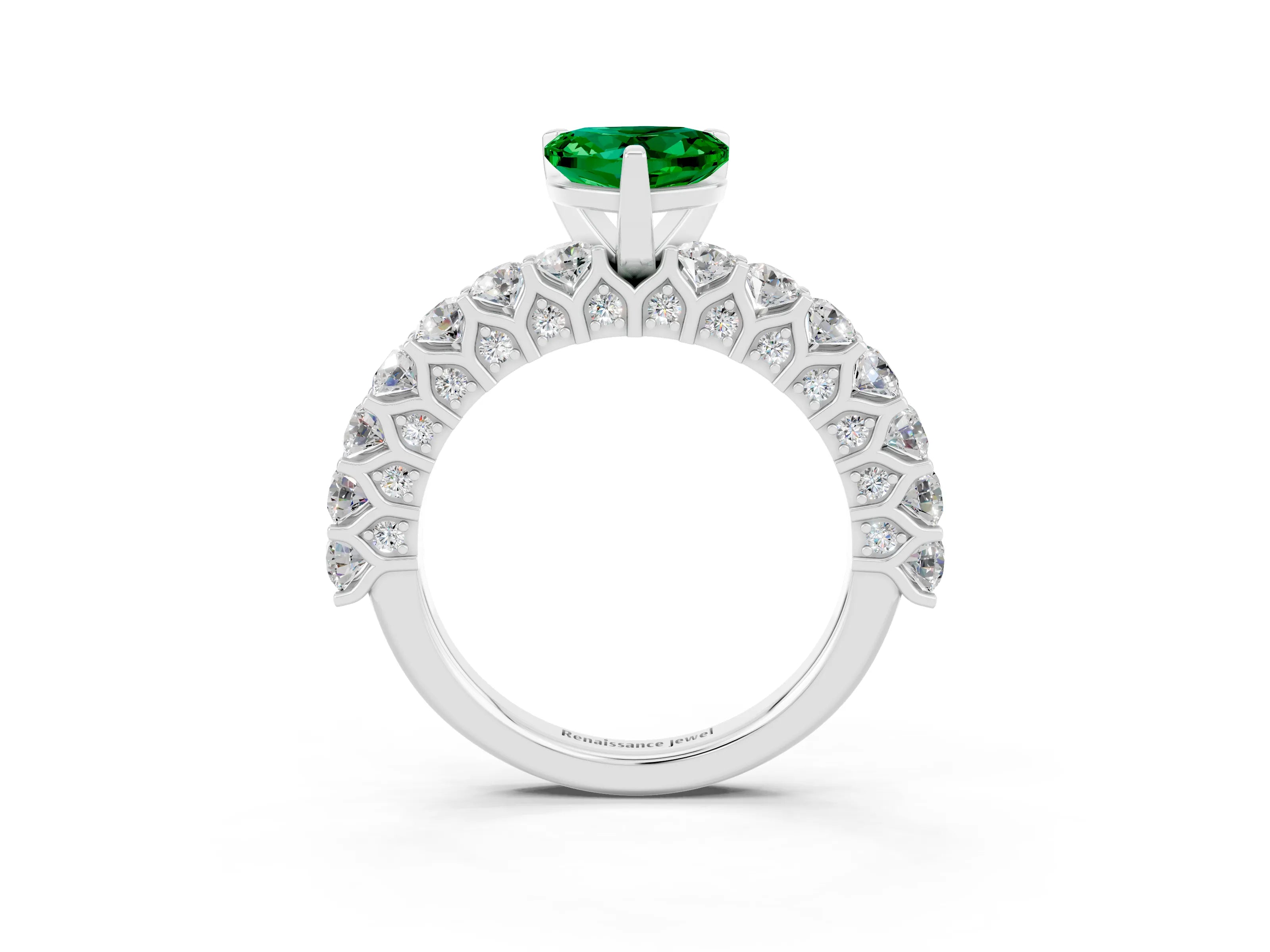 White gold Heart Cut Emerald Solitaire Ring with Shared Prong Pavé Band and Four-Prong Setting_3