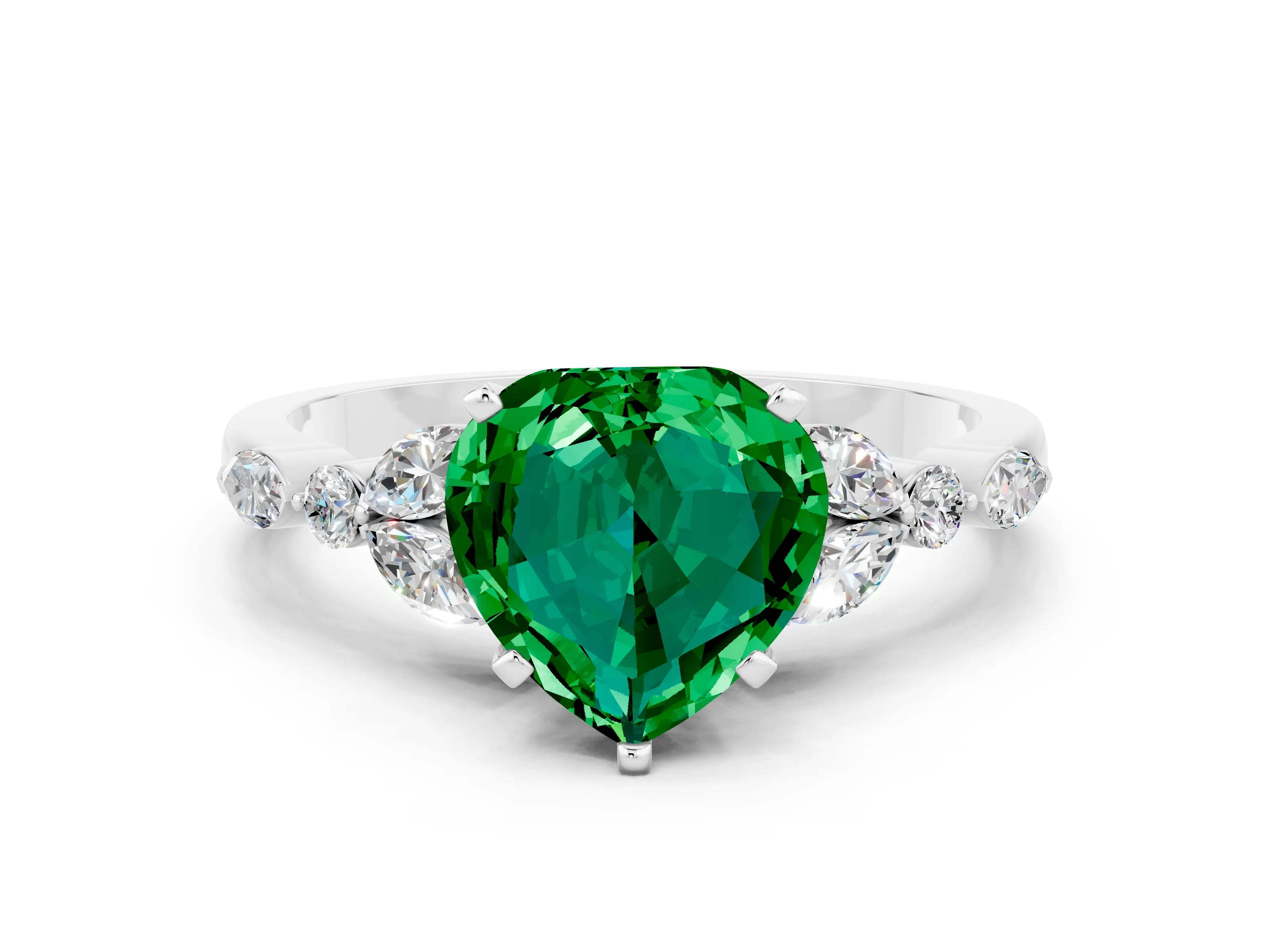 White gold Heart Cut Emerald Solitaire Ring with Side Stones and Four-Prong Setting_42