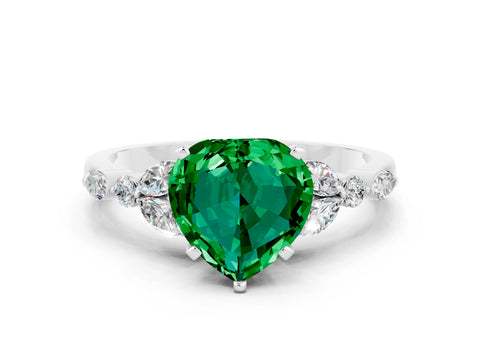 White gold Heart Cut Emerald Solitaire Ring with Side Stones and Four-Prong Setting_42