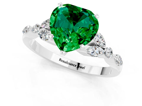 White gold Heart Cut Emerald Solitaire Ring with Side Stones and Four-Prong Setting_43