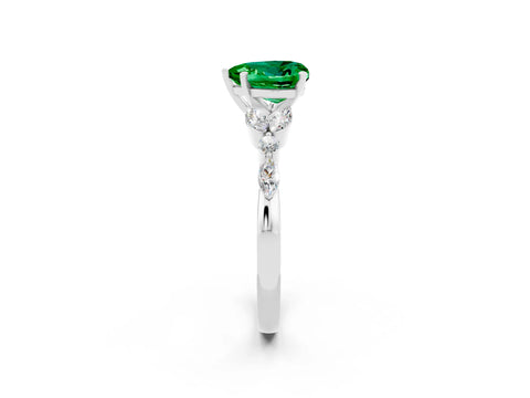 White gold Heart Cut Emerald Solitaire Ring with Side Stones and Four-Prong Setting_44