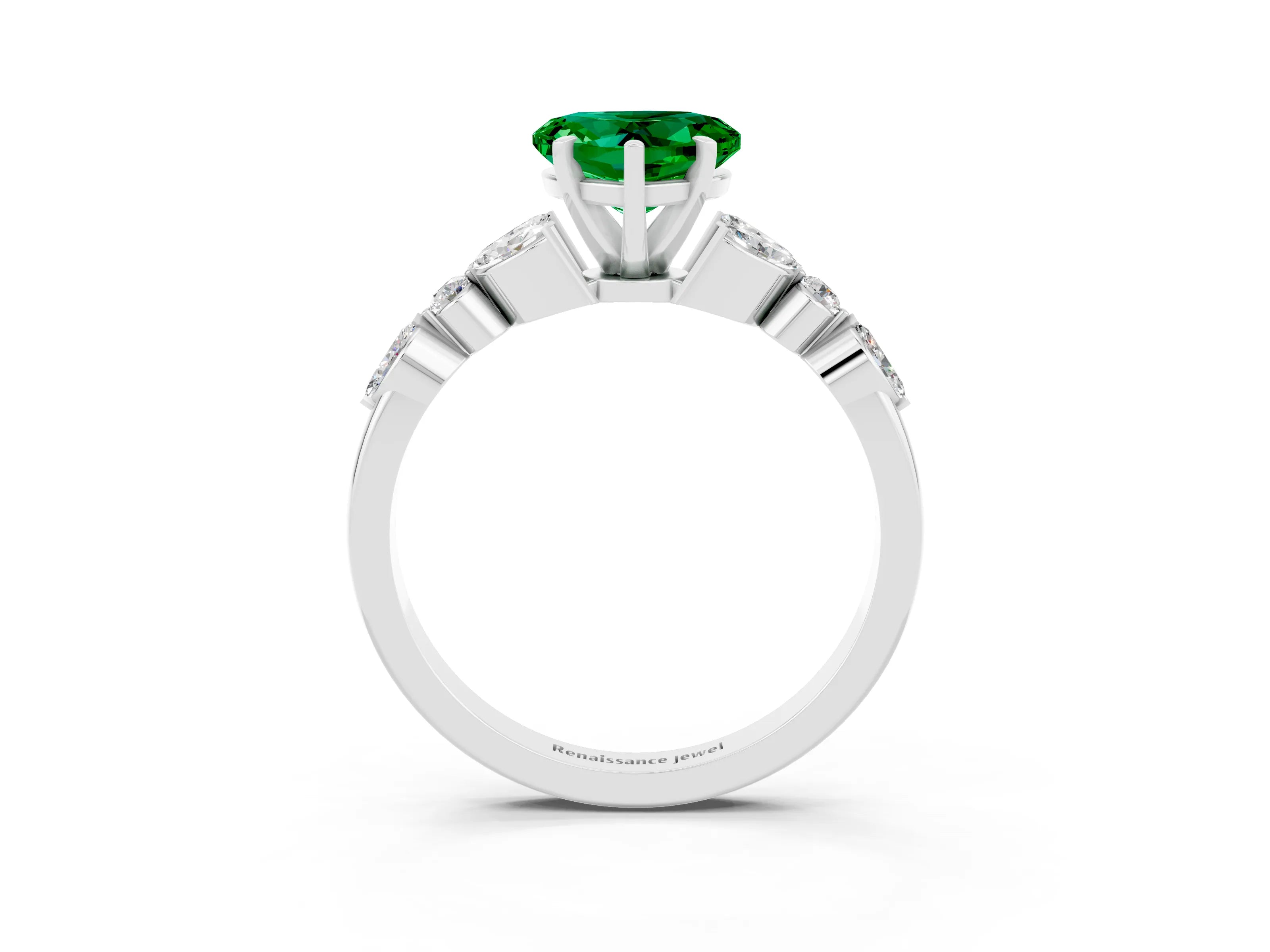 White gold Heart Cut Emerald Solitaire Ring with Side Stones and Four-Prong Setting_45