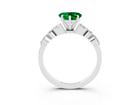 White gold Heart Cut Emerald Solitaire Ring with Side Stones and Four-Prong Setting_45