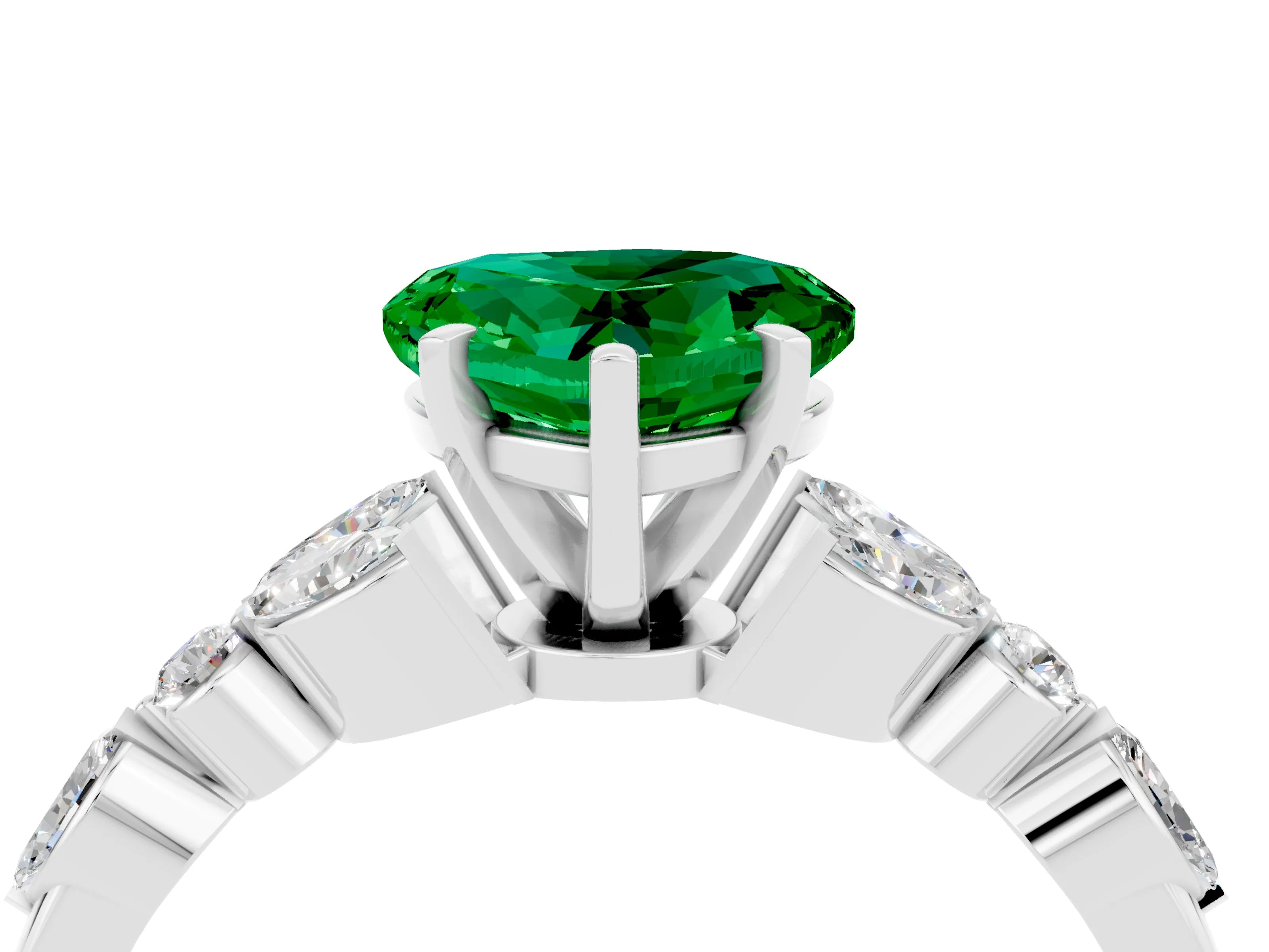 White gold Heart Cut Emerald Solitaire Ring with Side Stones and Four-Prong Setting_46