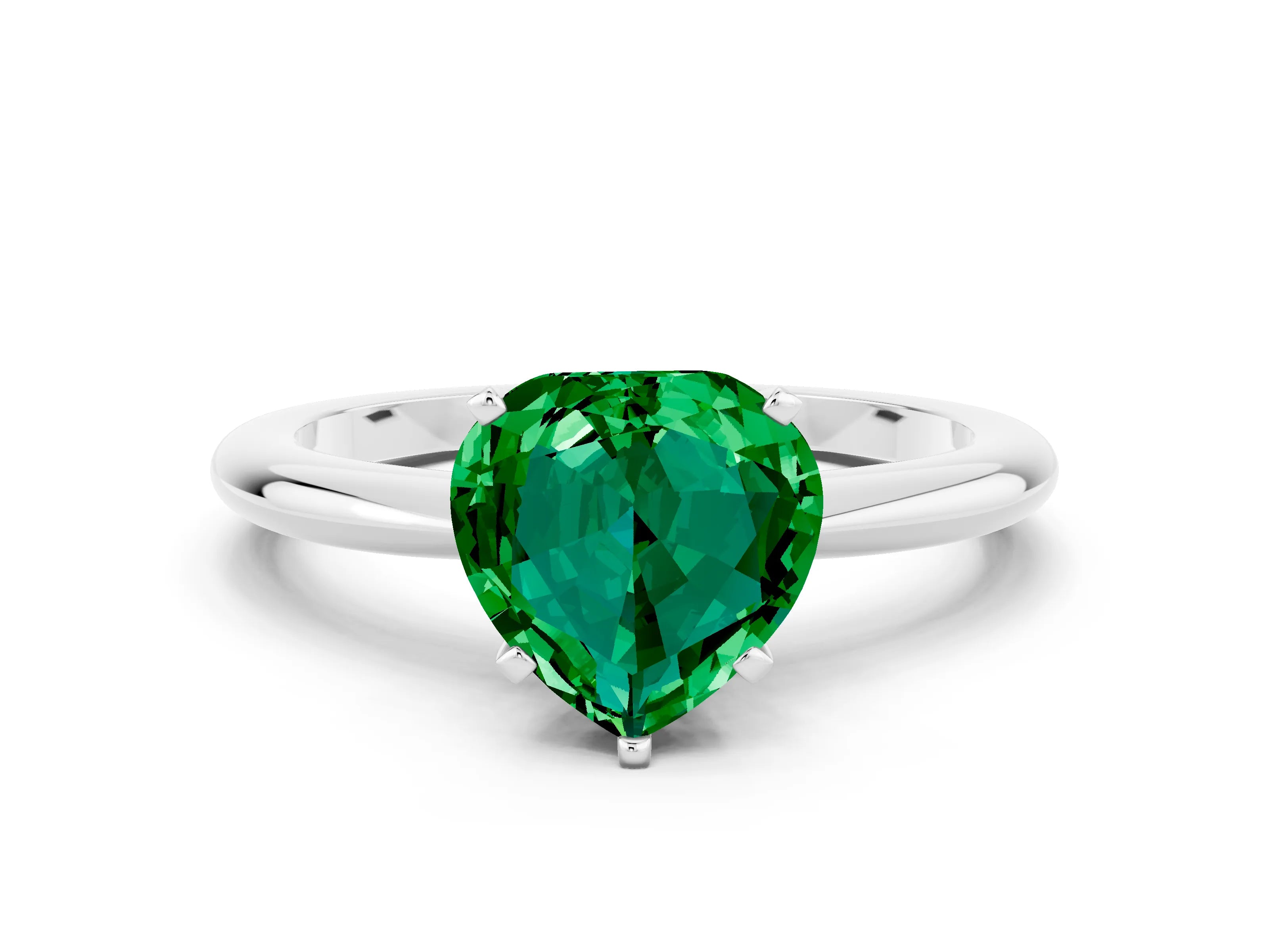 White gold Heart Cut Emerald Solitaire Ring with Six-Prong Setting and Classic Band