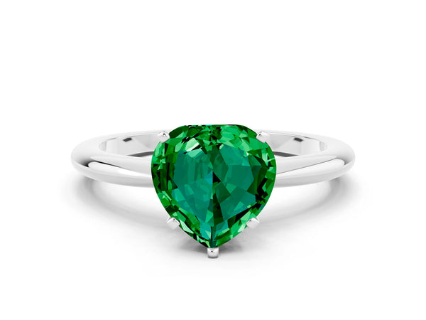 Platinum Heart Cut Emerald Solitaire Ring with Six-Prong Setting and Classic Band