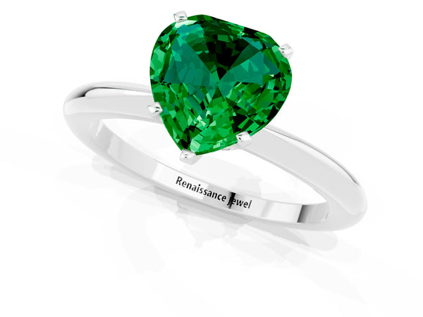 White gold Heart Cut Emerald Solitaire Ring with Six-Prong Setting and Classic Band