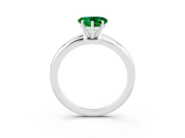 Silver Heart Cut Emerald Solitaire Ring with Six-Prong Setting and Classic Band