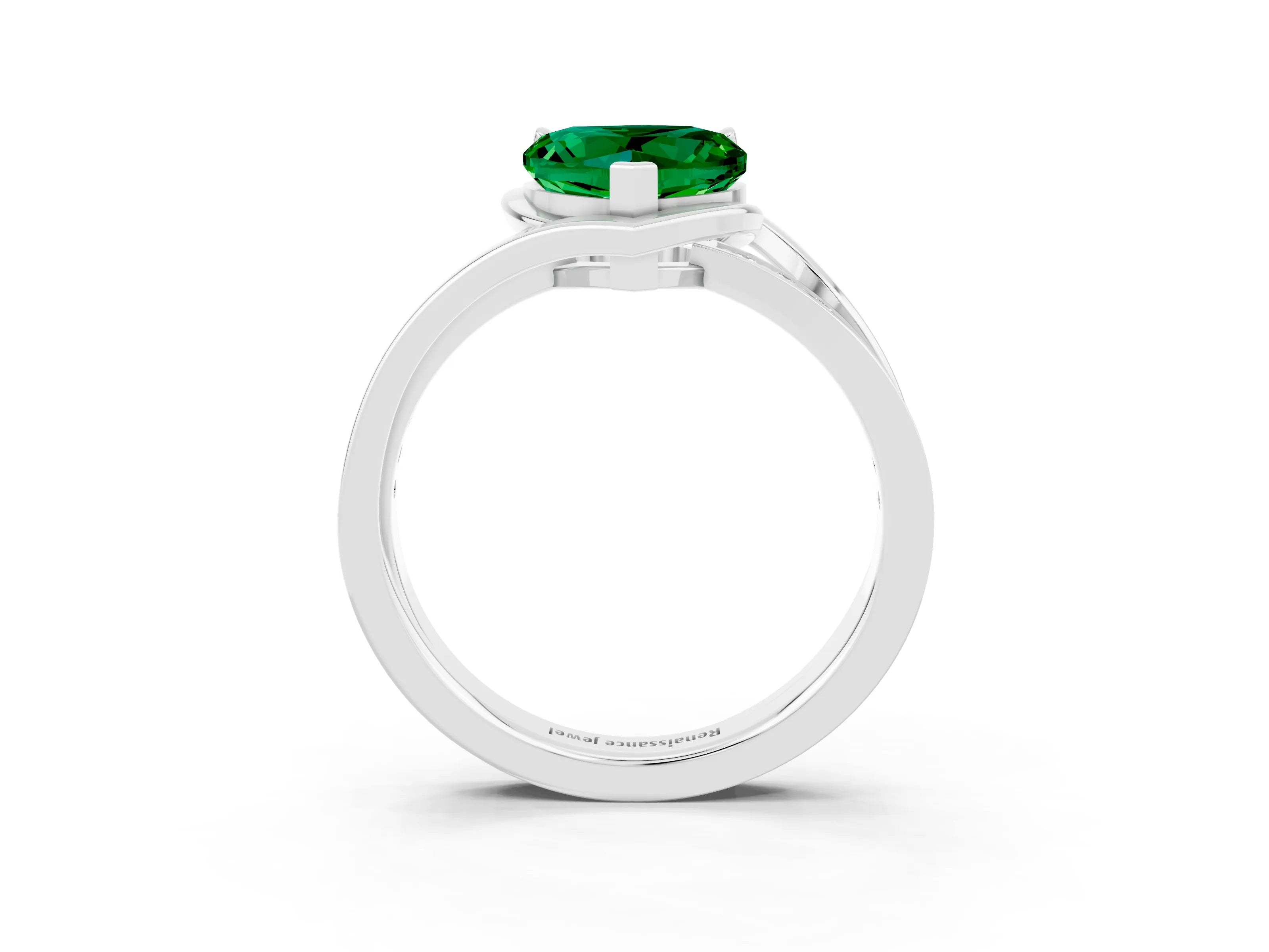 White gold Heart Cut Emerald Solitaire Ring with Split Shank and Prong Setting_3