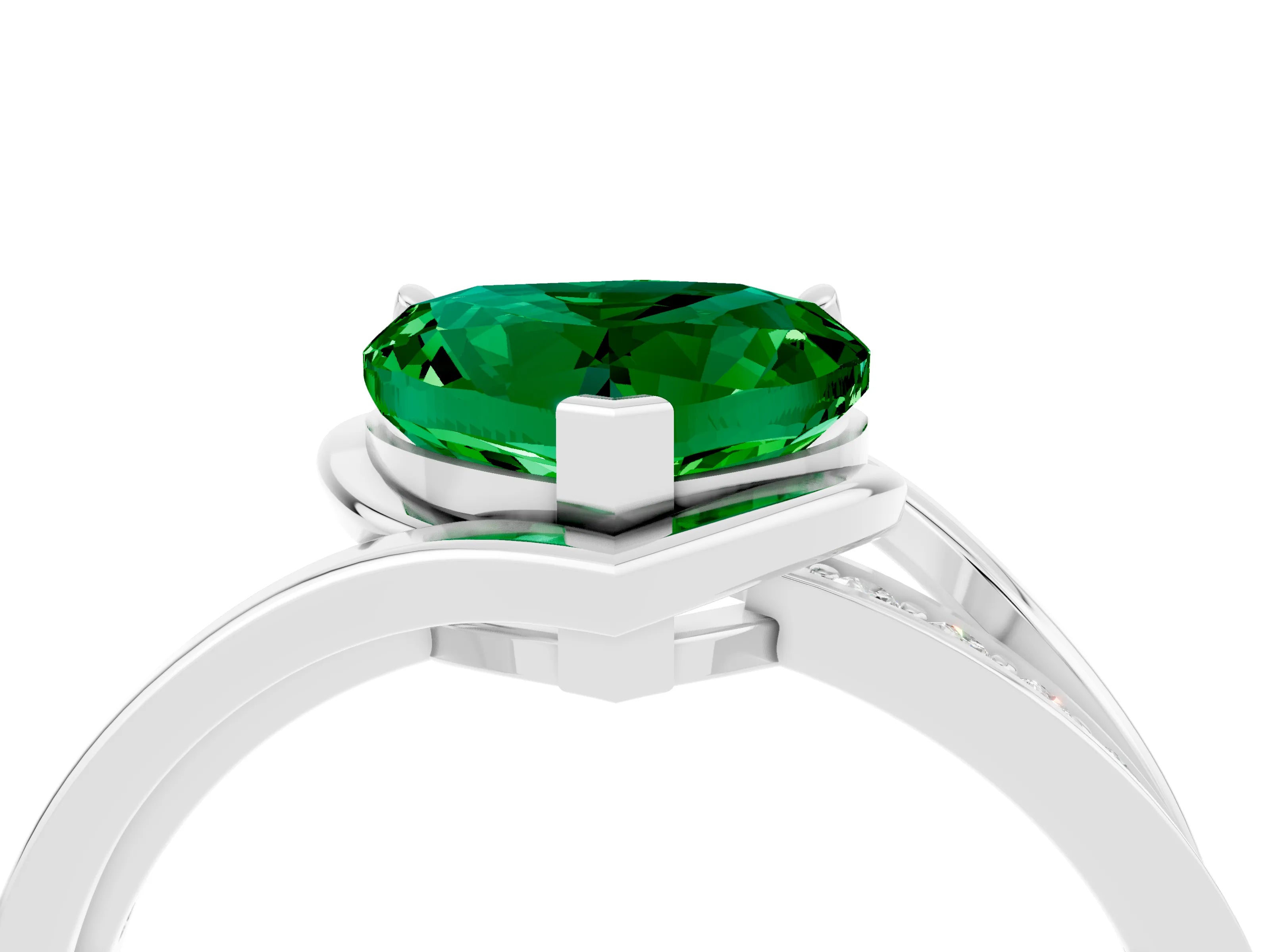 White gold Heart Cut Emerald Solitaire Ring with Split Shank and Prong Setting_4