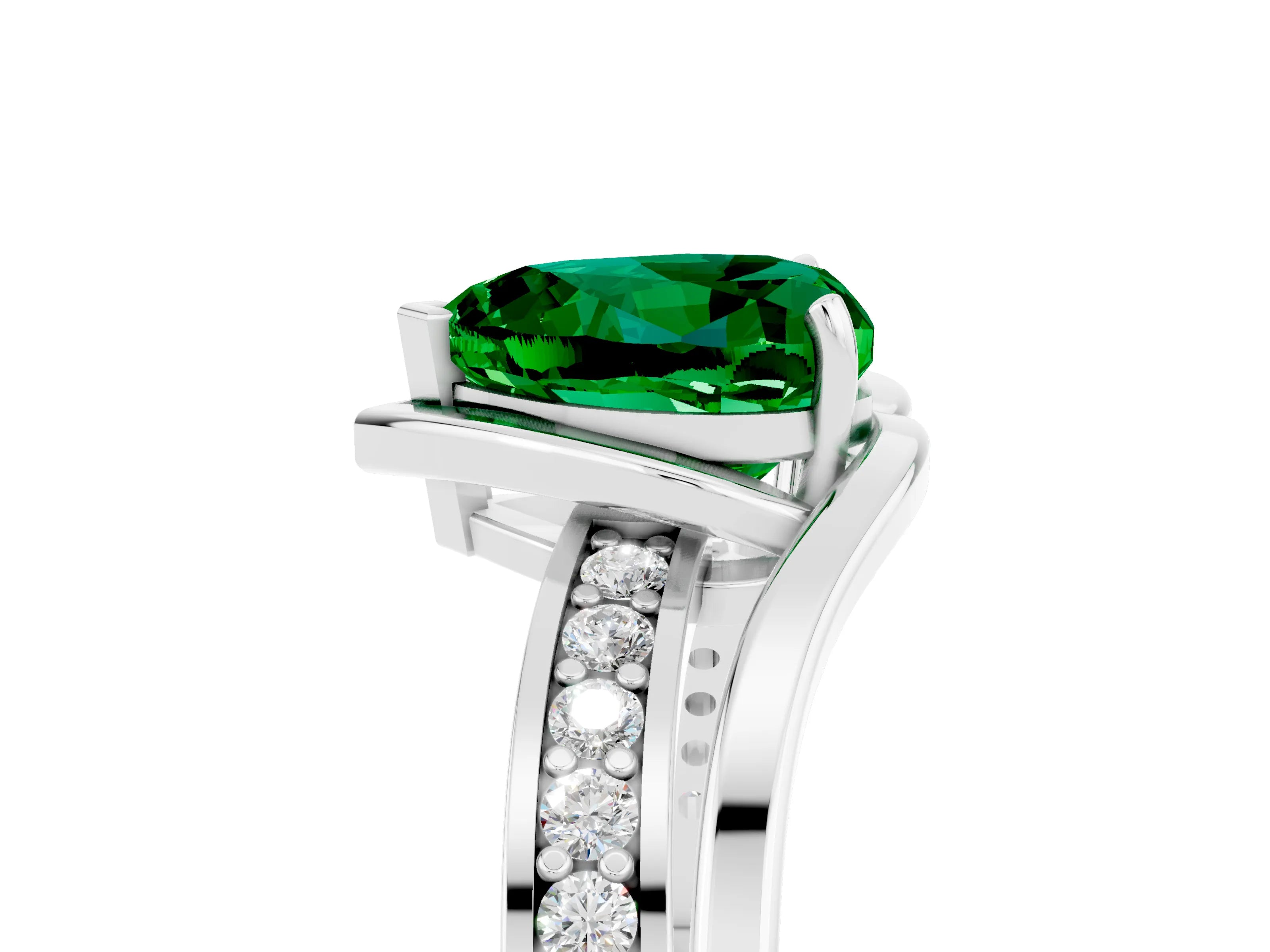White gold Heart Cut Emerald Solitaire Ring with Split Shank and Prong Setting_5