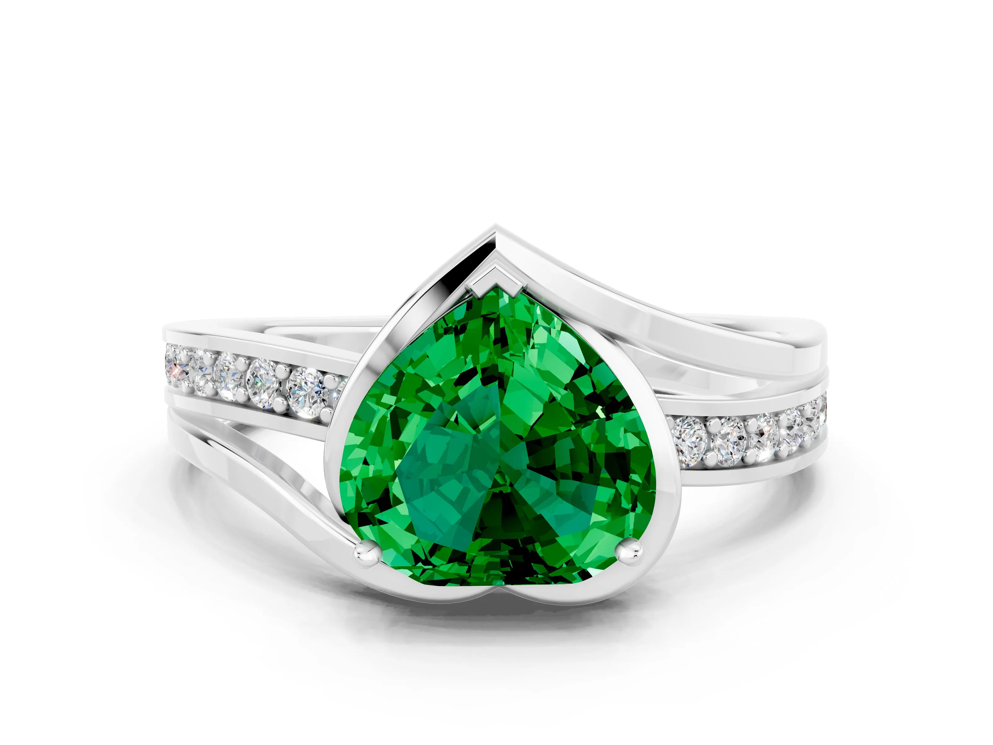 White gold Heart Cut Emerald Solitaire Ring with Split Shank and Prong Setting