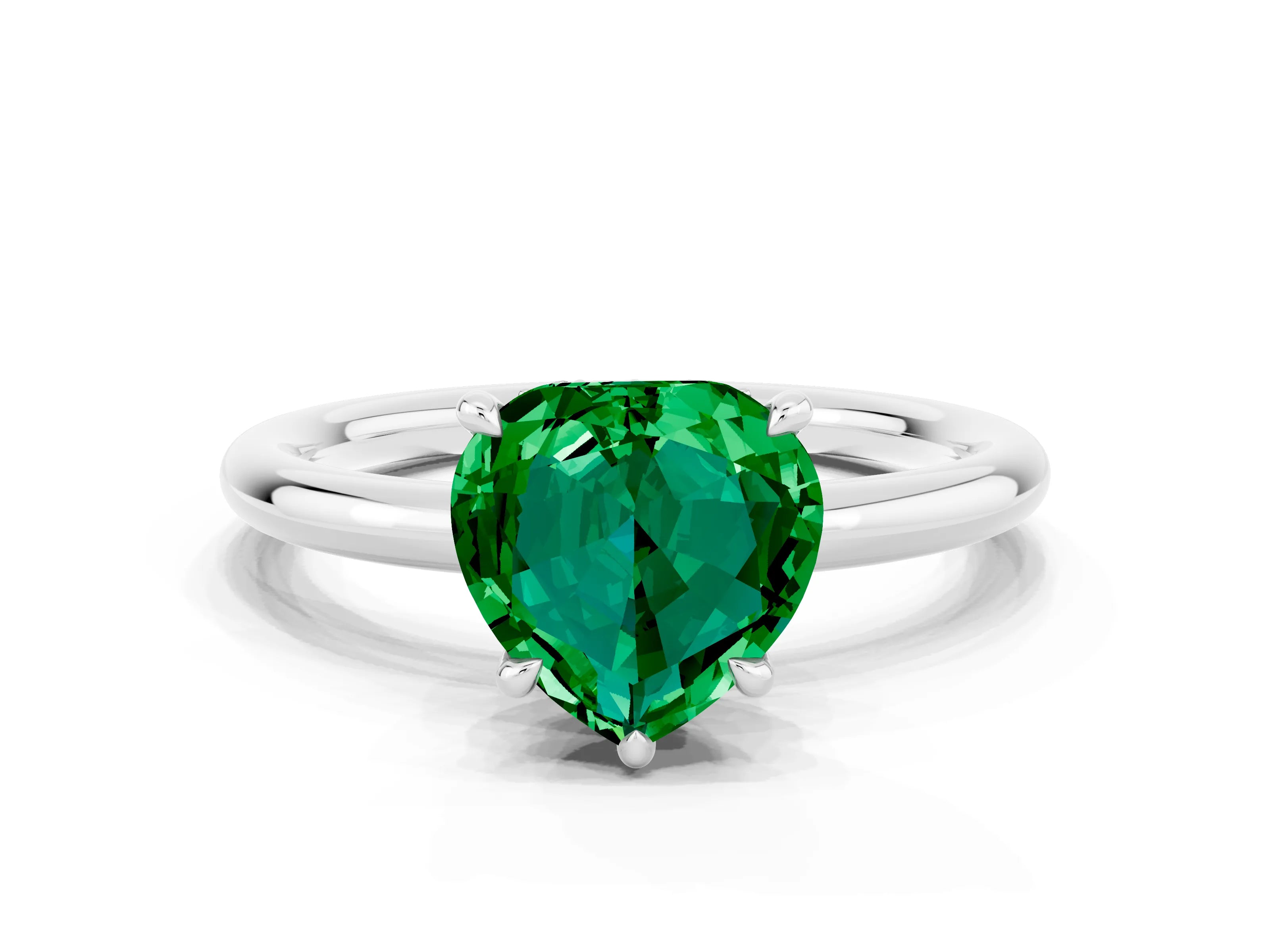 White gold Heart Cut Emerald Solitaire Ring with Thin Band and Four-Prong Setting