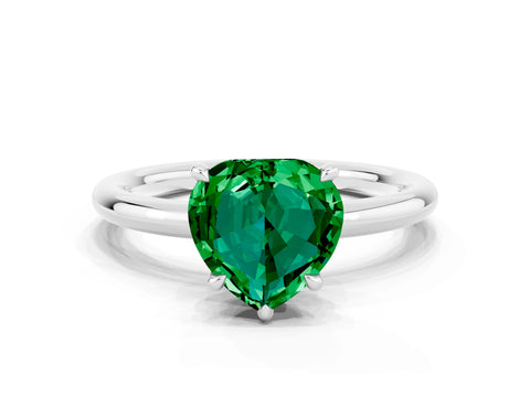White gold Heart Cut Emerald Solitaire Ring with Thin Band and Four-Prong Setting