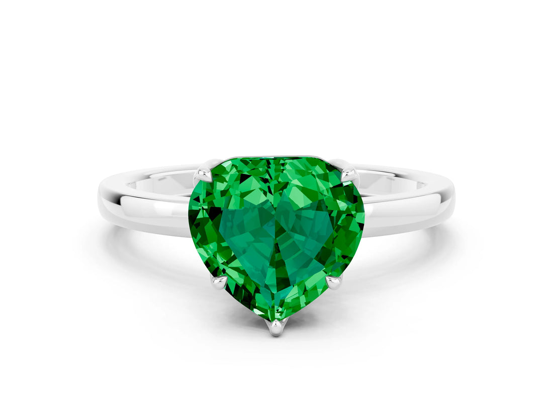 White gold Heart Cut Emerald Solitaire Ring with Thin Band and Prong Setting_12