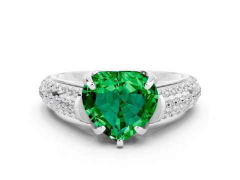 White gold Heart Cut Emerald Solitaire Ring with Three-Row Pavé Band and Four-Prong Setting_12