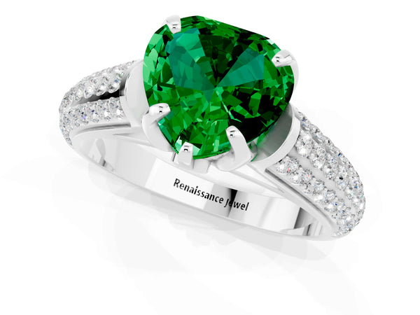 White gold Heart Cut Emerald Solitaire Ring with Three-Row Pavé Band and Four-Prong Setting