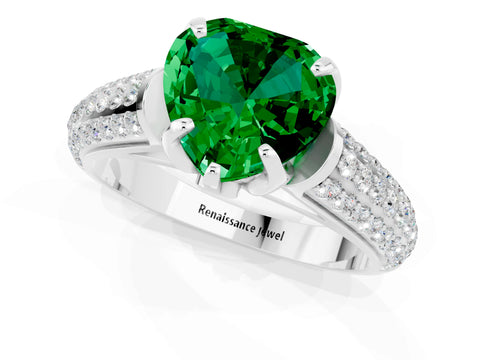 White gold Heart Cut Emerald Solitaire Ring with Three-Row Pavé Band and Four-Prong Setting_13