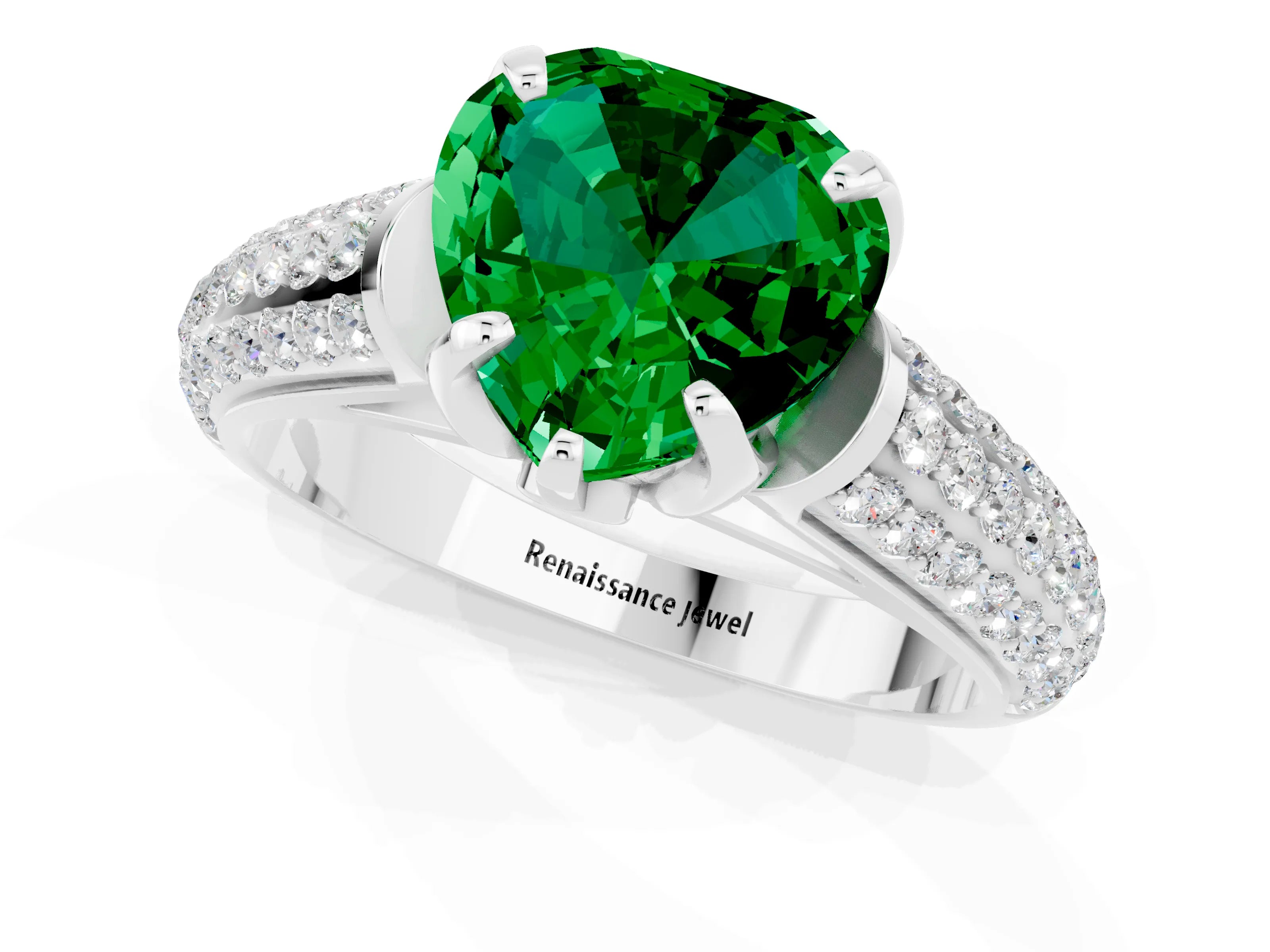 White gold Heart Cut Emerald Solitaire Ring with Three-Row Pavé Band and Four-Prong Setting_13