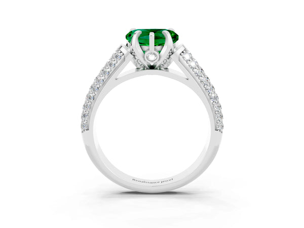Silver Heart Cut Emerald Solitaire Ring with Three-Row Pavé Band and Four-Prong Setting