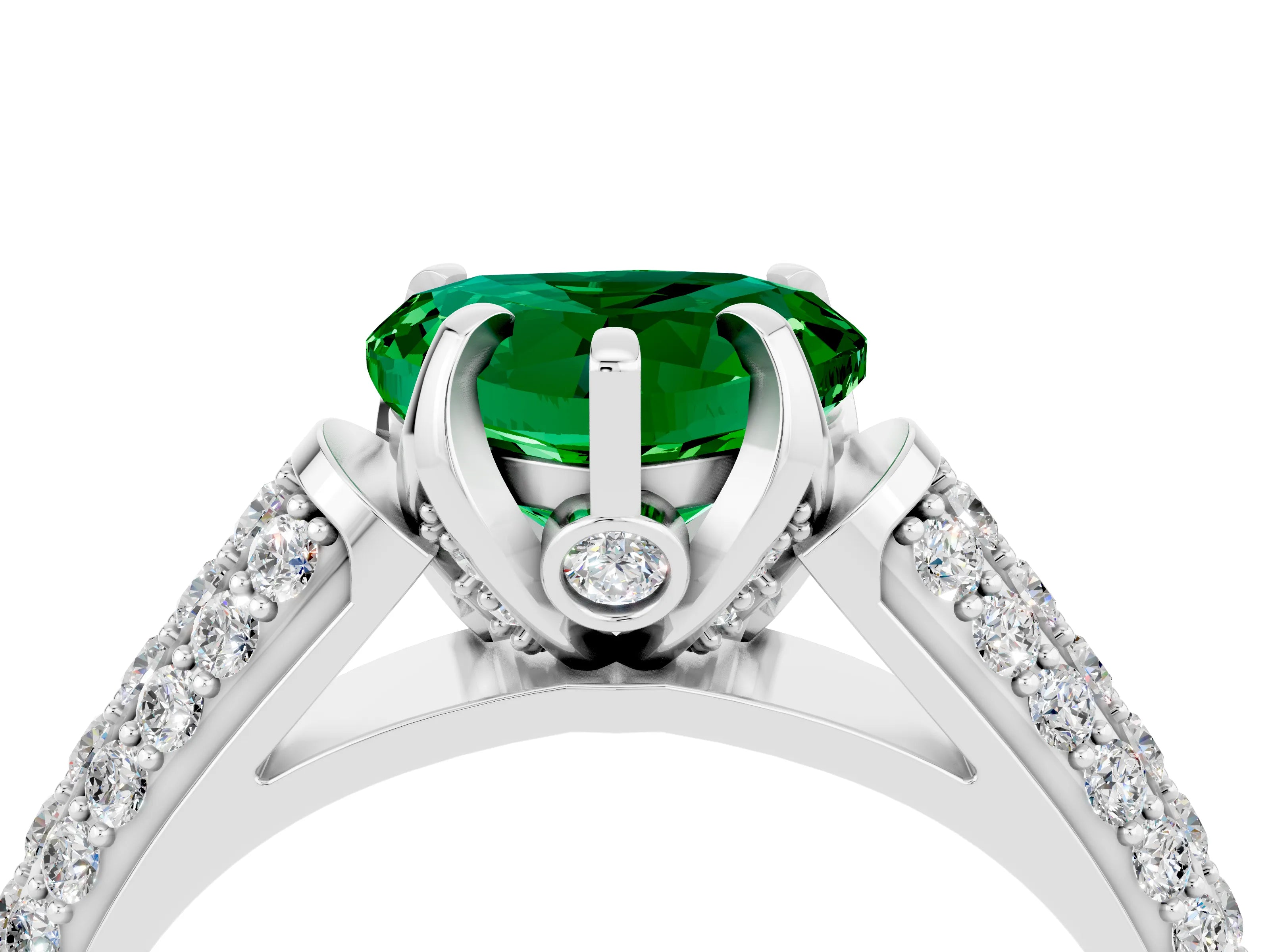White gold Heart Cut Emerald Solitaire Ring with Three-Row Pavé Band and Four-Prong Setting_16
