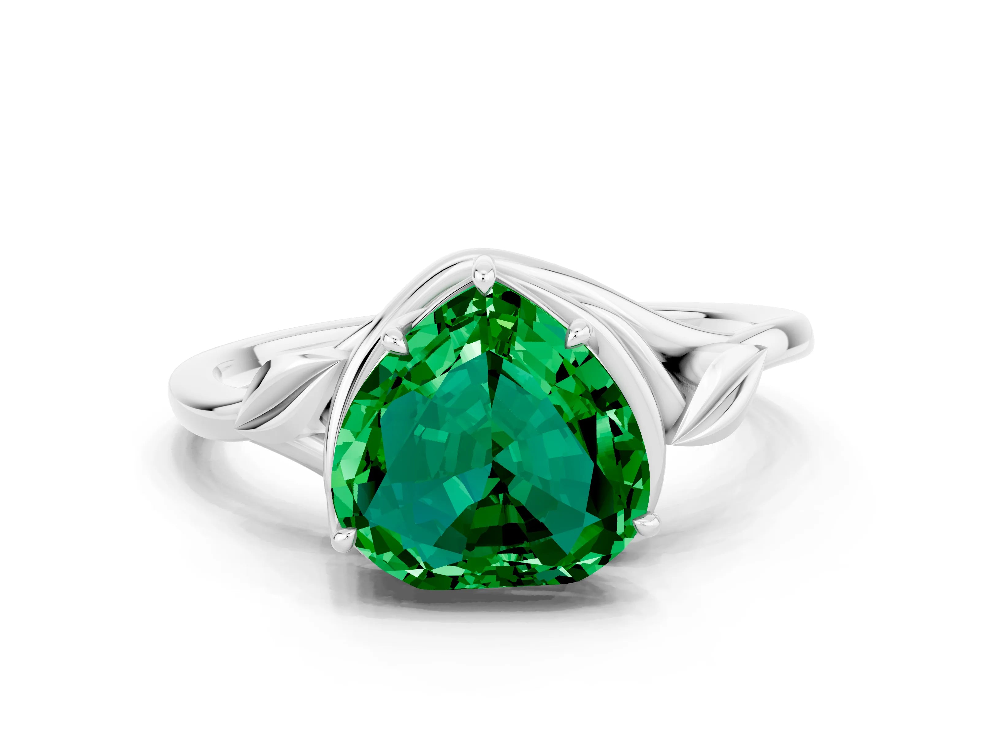 White gold Heart Cut Emerald Solitaire Ring with Twist Band and Four-Prong Setting_12