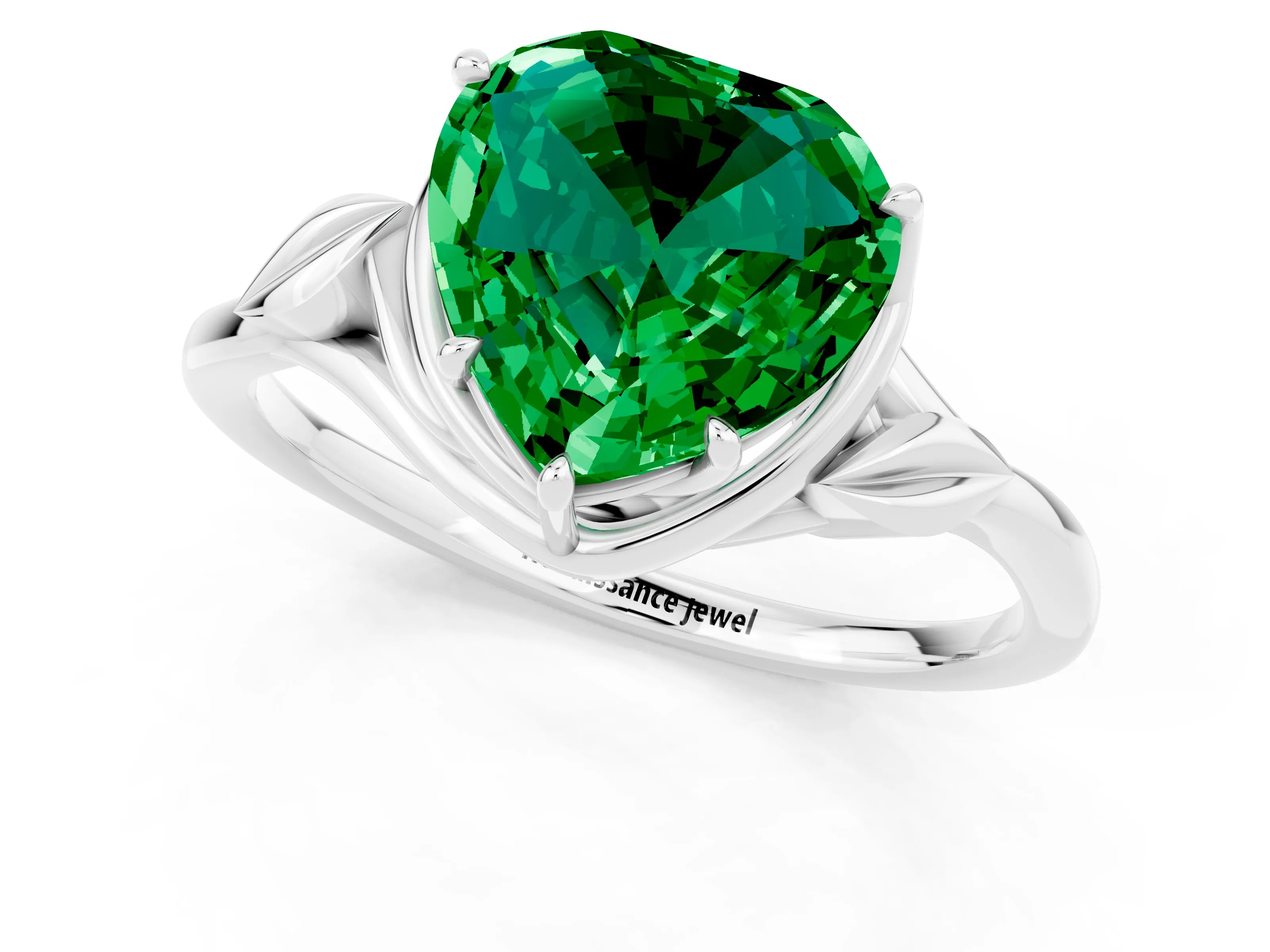 White gold Heart Cut Emerald Solitaire Ring with Twist Band and Four-Prong Setting_13