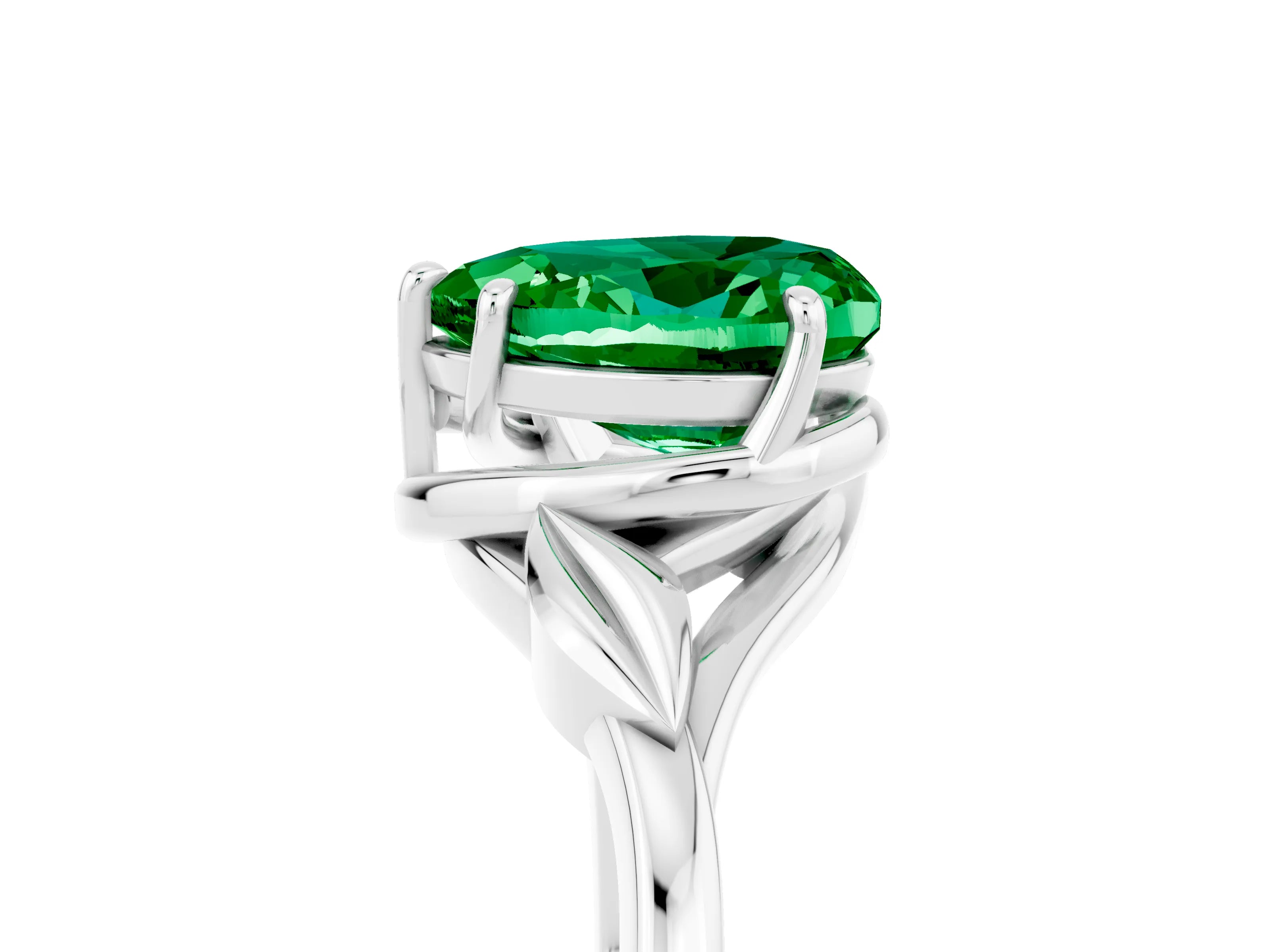 White gold Heart Cut Emerald Solitaire Ring with Twist Band and Four-Prong Setting_17