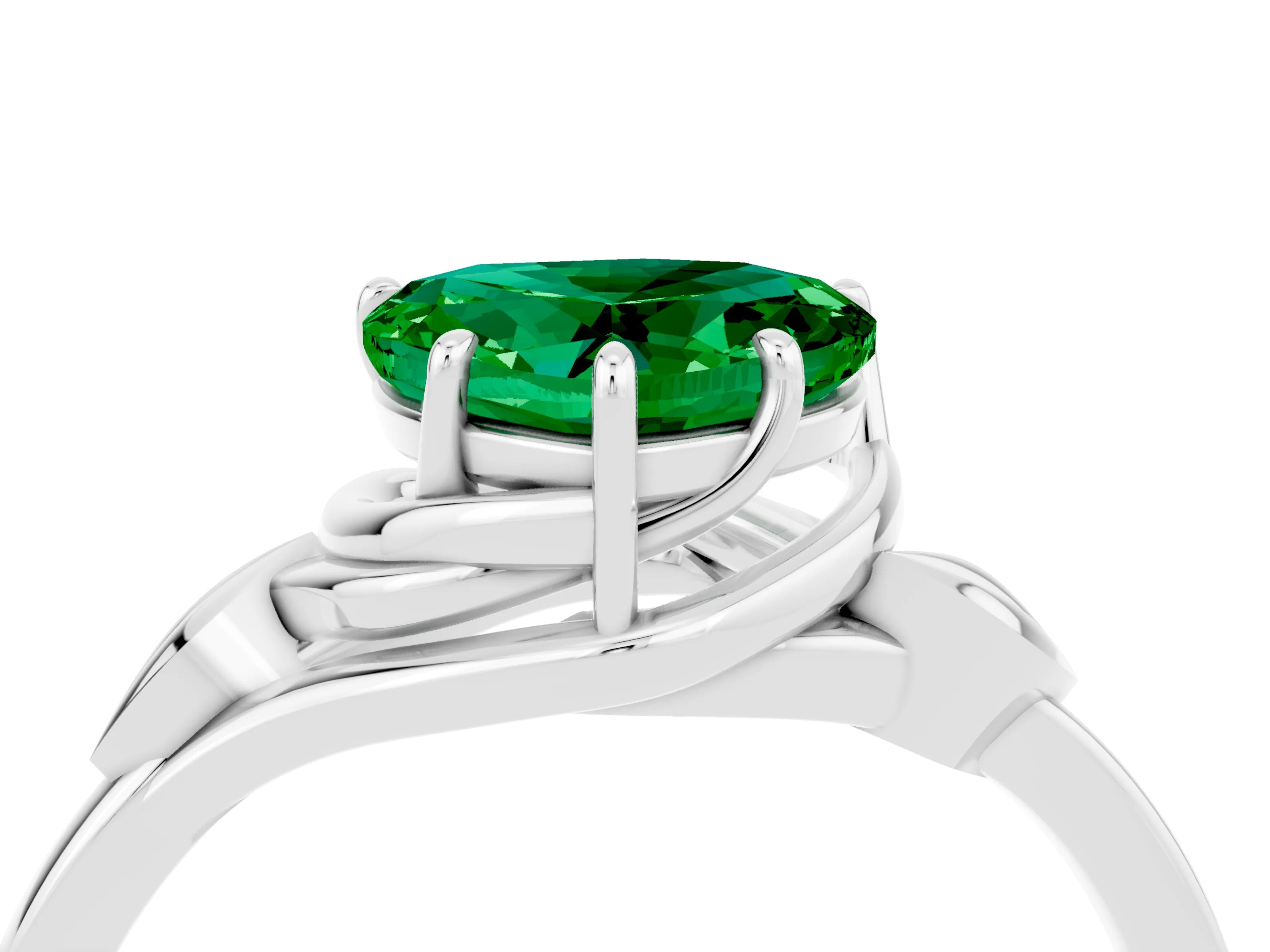 White gold Heart Cut Emerald Solitaire Ring with Twist Band and Four-Prong Setting_40