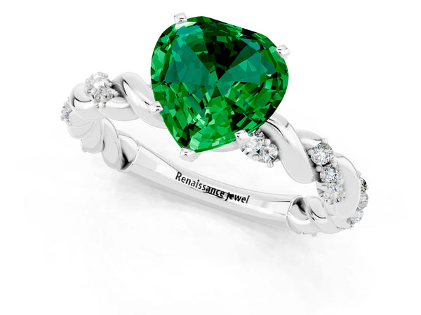 Platinum Heart Cut Emerald Solitaire Ring with Twisted Band and Pavé Accents