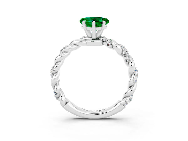 White gold Heart Cut Emerald Solitaire Ring with Twisted Band and Pavé Accents