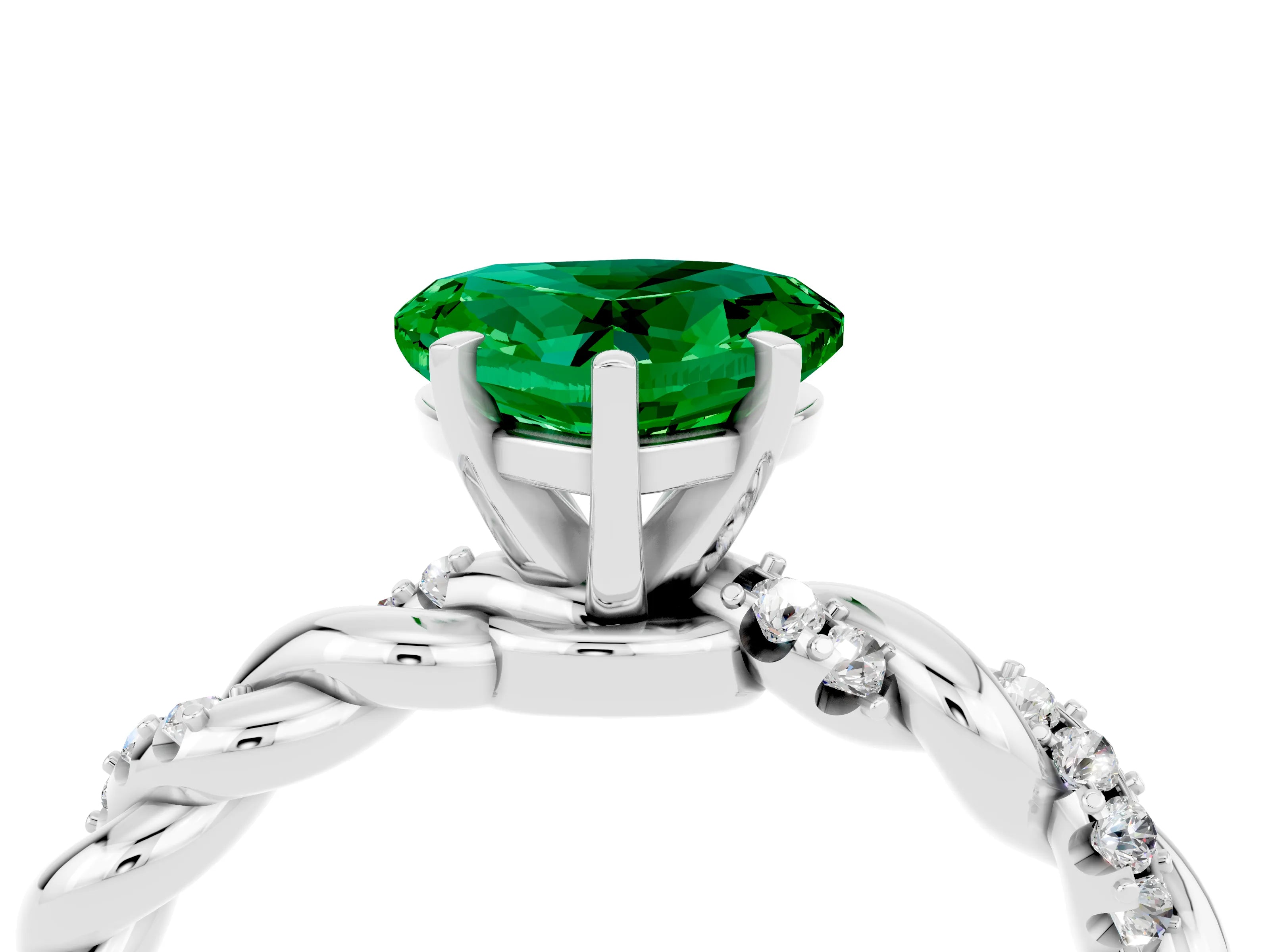White gold Heart Cut Emerald Solitaire Ring with Twisted Band and Pavé Accents_4