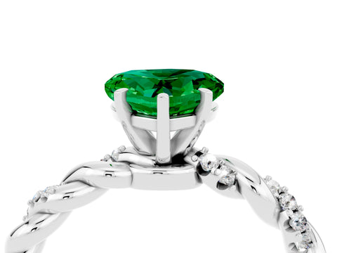 White gold Heart Cut Emerald Solitaire Ring with Twisted Band and Pavé Accents_4